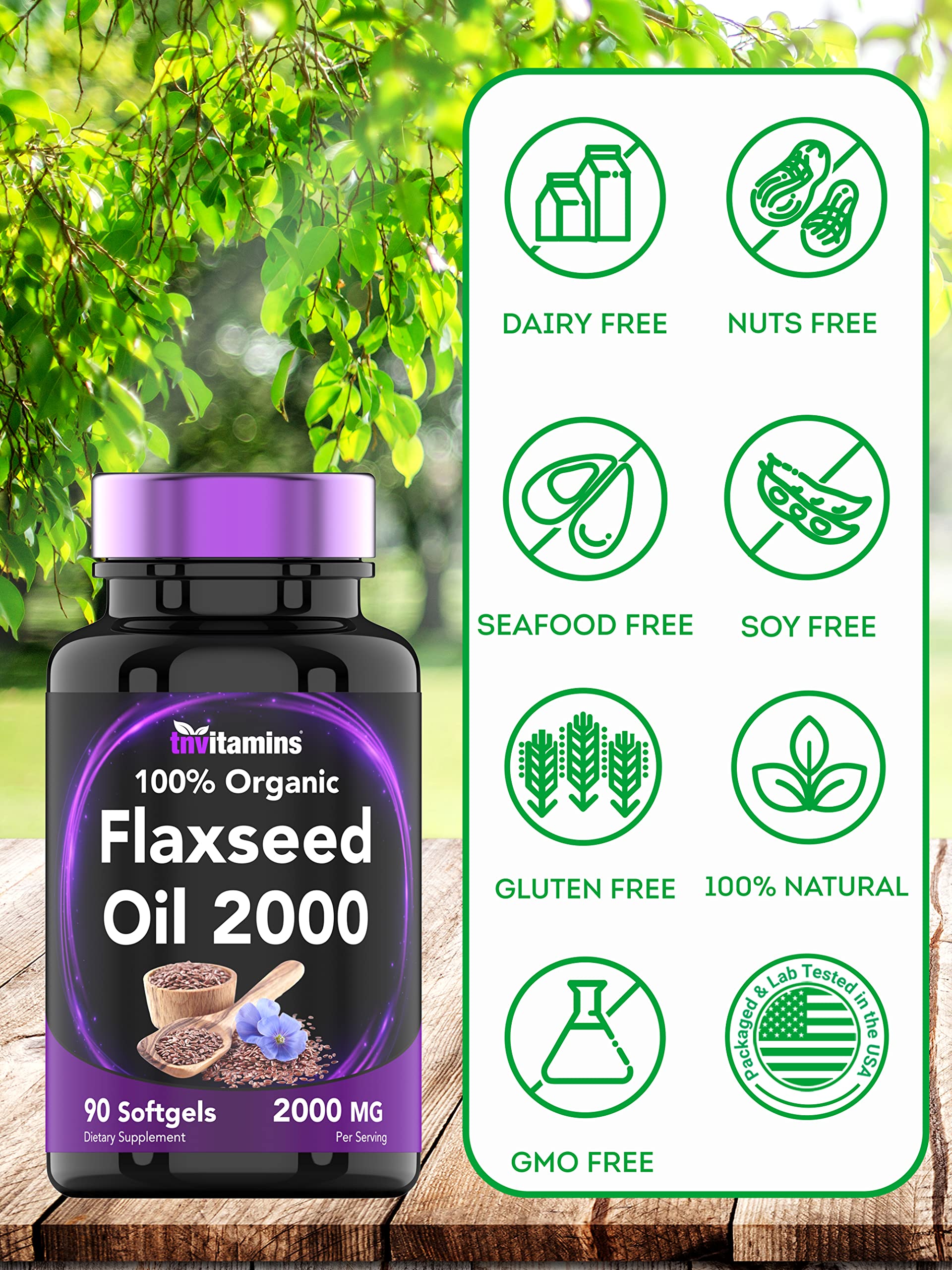 tnvitamins Organic Flaxseed Oil Softgels: 2000 mg - 90 Softgels | High in Omega-3 Fatty Acids | Flaxseed Oil Supplement for Women & Men | Non-GMO
