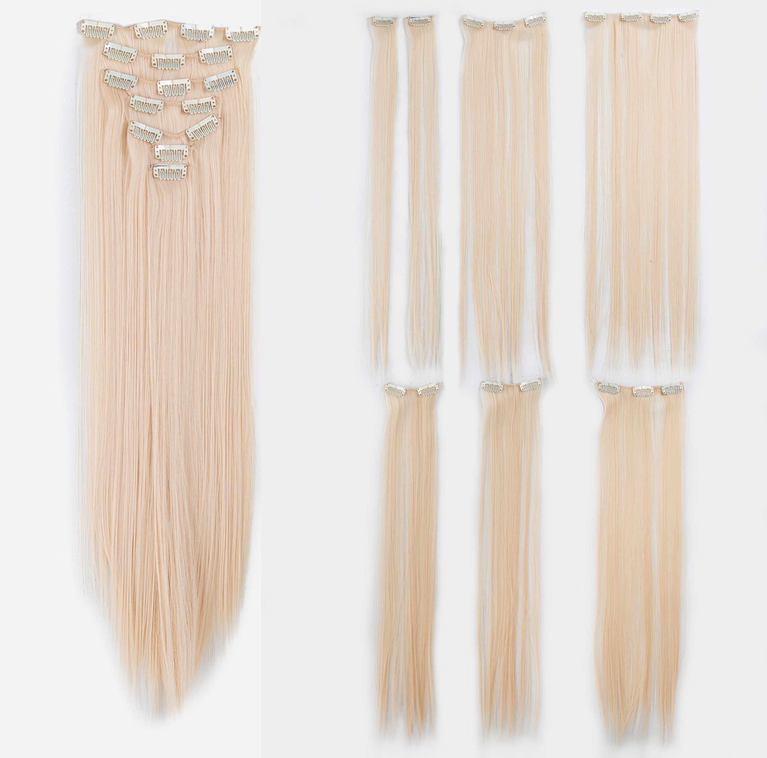 Bleach Blonde-613# : SWACC Women 22 Inches Straight Full Head 7 Separate Pieces Heat Resistance Synthetic Hair Clip in Hair Extensions (Bleach Blonde-613#)