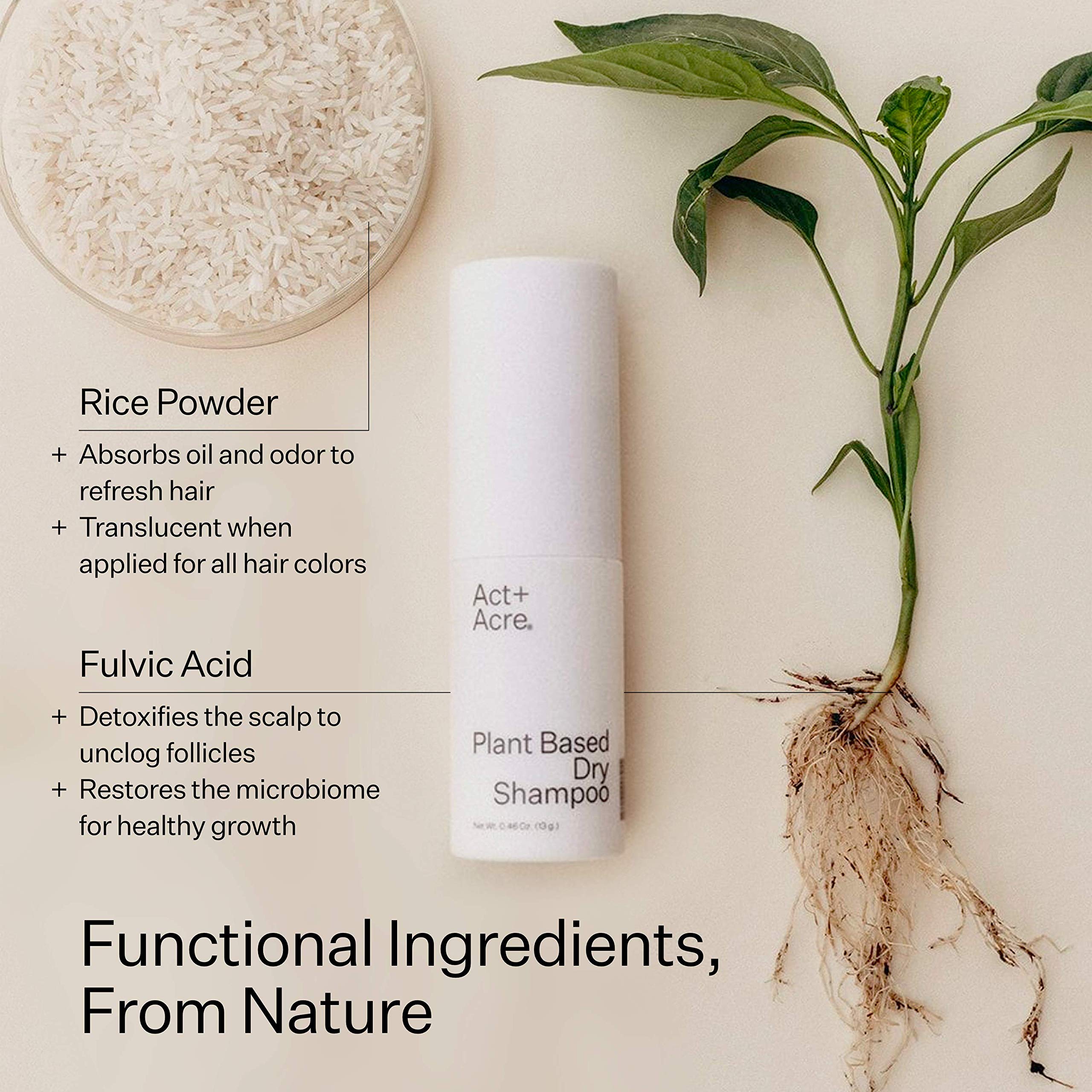 ACT+ ACRE Plant-Based Fulvic Acid Volumizing Dry Shampoo - Natural and Unscented Powder Spray Shampoo with Fulvic Acid and Rice Refresh Oily Hair and Restore Volume - Dry Shampoo for All Hair Types