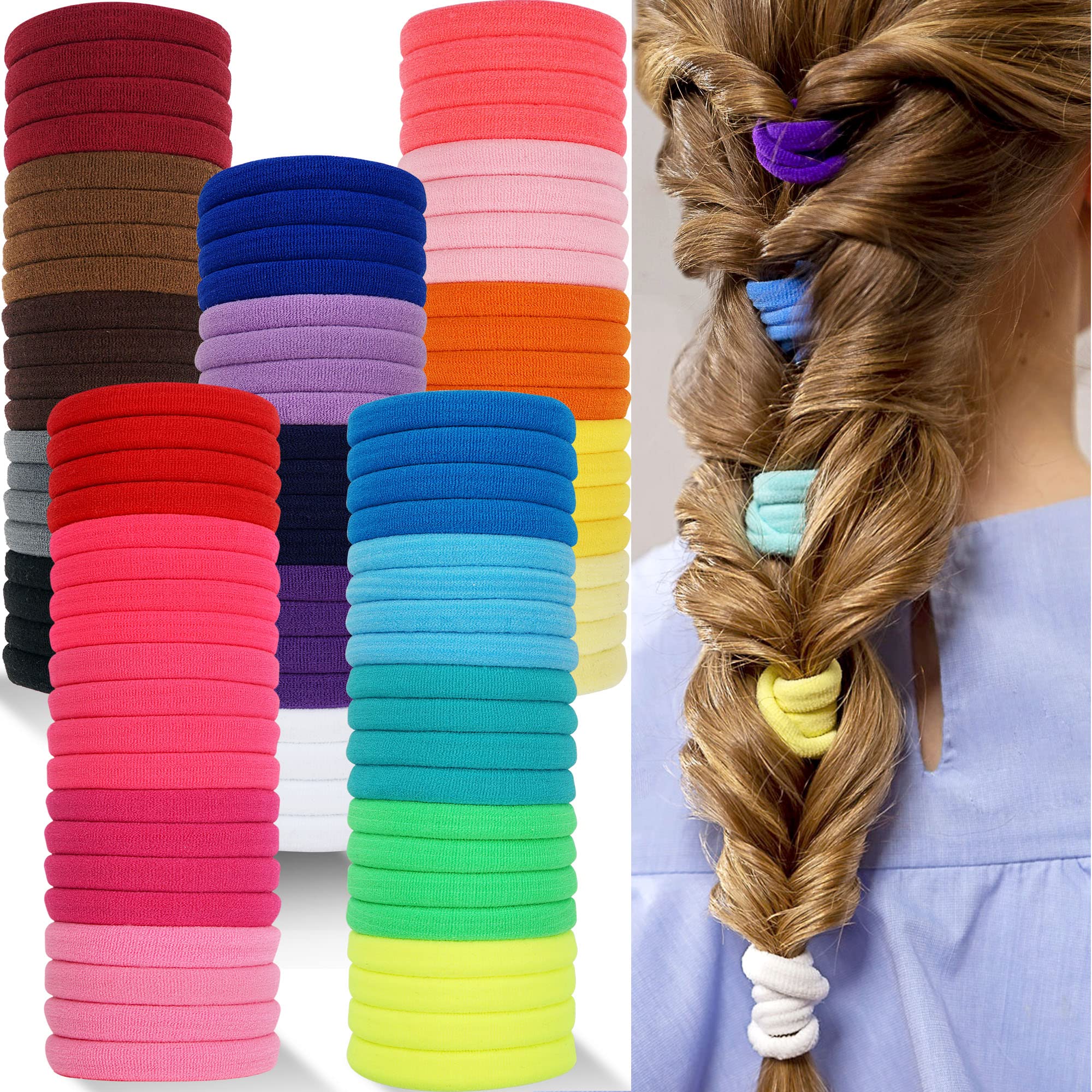 100pcs Solid Colors Seamleass No Crease 4cm Elastic Hair Ties Pigtail Ties HairBands Ponytail Holders Hair Ropes Hair Accessories for Baby Girls Toddlers Kids and Children
