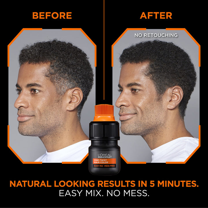 L’Oréal Paris Men Expert One Twist Mess Free Permanent Hair Color, Mens Hair Dye to Cover Grays, Easy Mix Ammonia Free Application, Real Black 02, 1 Application Kit