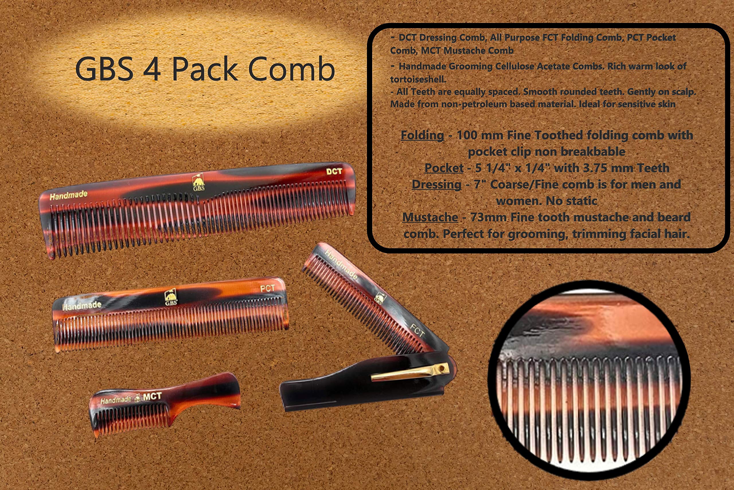 Men's Handmade Anti-Static Sawcut Grooming Hair and Beard Comb Set - Dressing, Folding, Pocket, and Moustache Keychain Combs