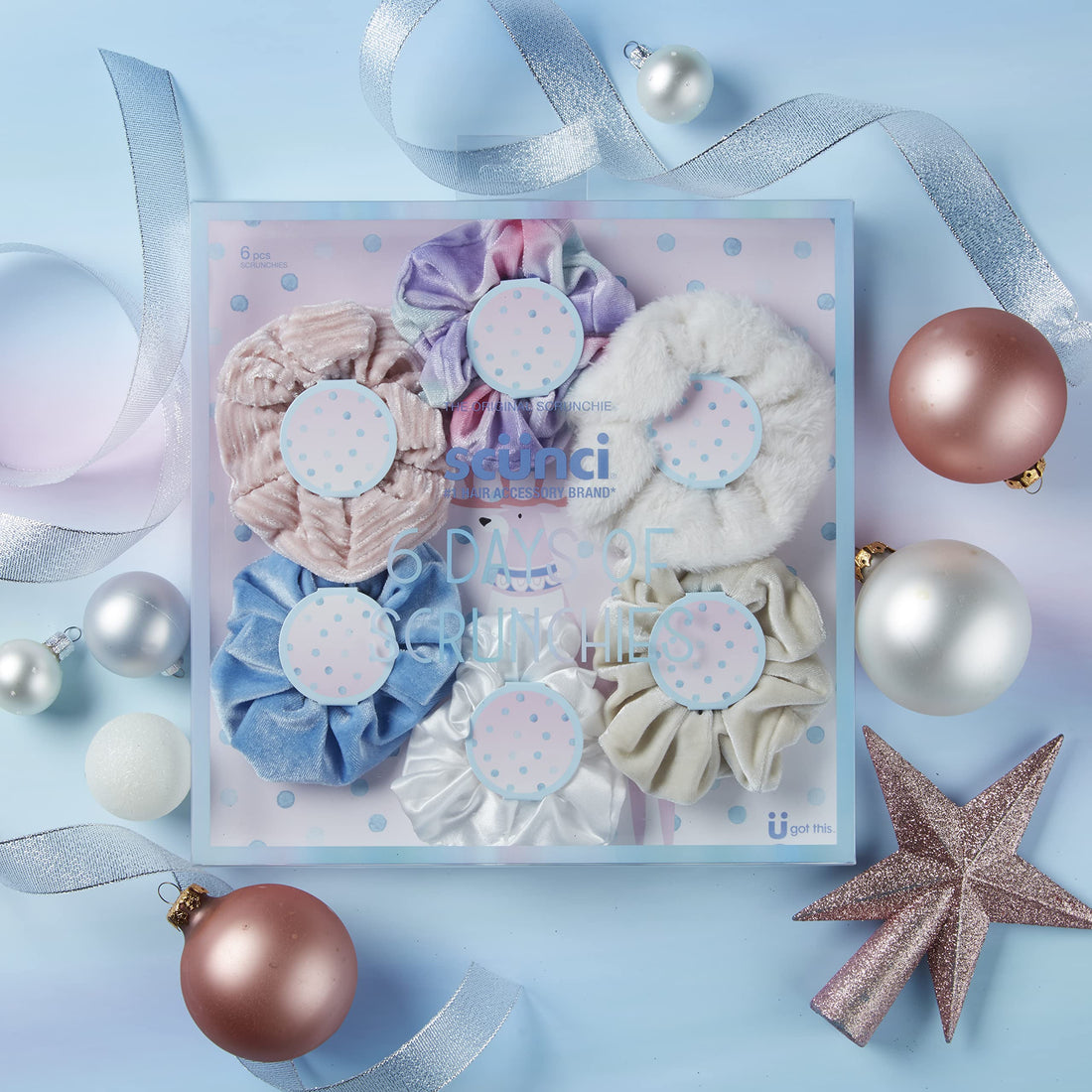 The Original ScrunchieÃ‚® Girls Fashion Gift Set Includes 6 Unique Designs: Pastel Rainbow Velvet, Cream Velour, Pink Velvet, White Faux Fur, Blue Velour, White Satin in Presentation Box