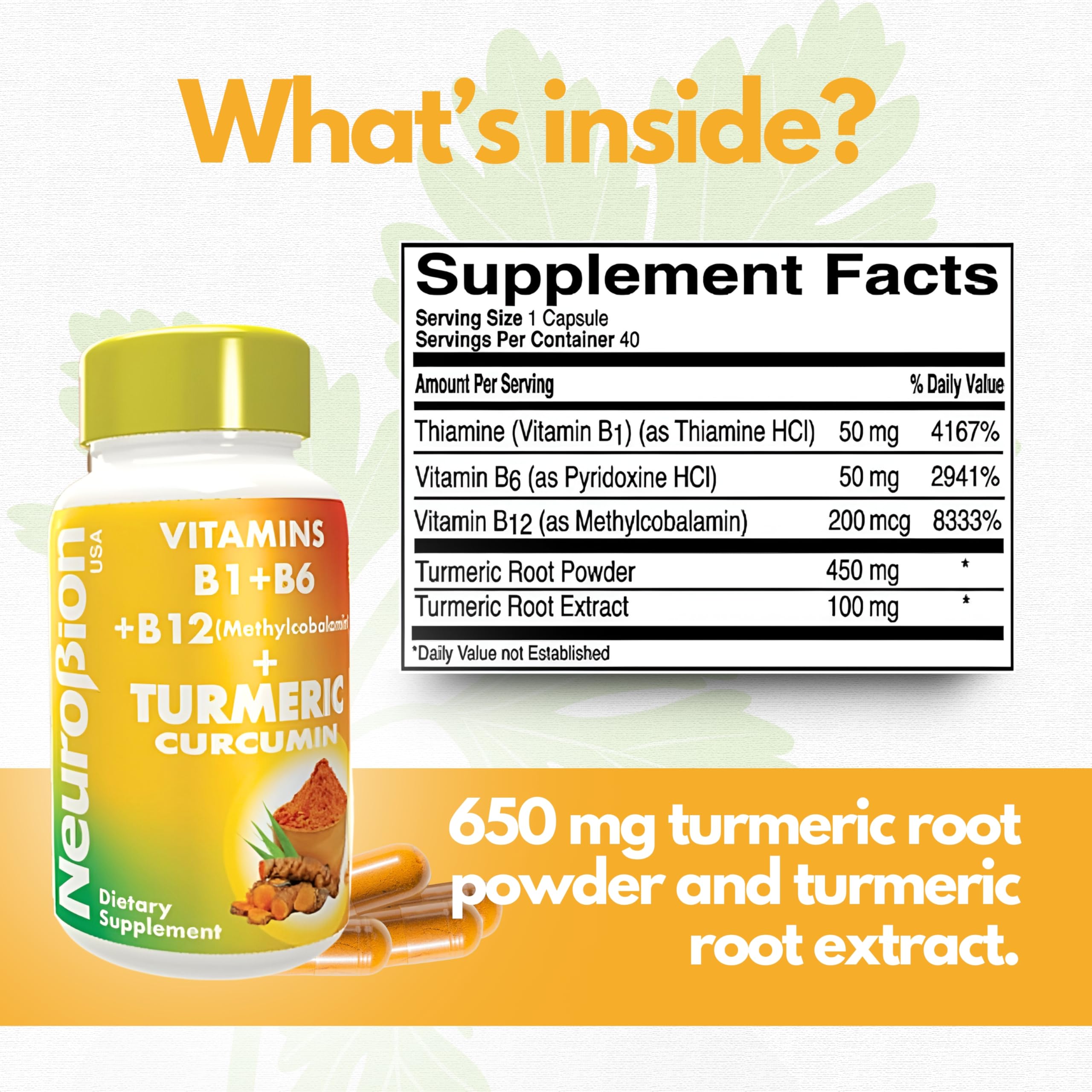 Neurobion Turmeric Curcumin 650 mg Herbal Supplement for Antioxidant Support, High Absorption Ultra Potent Turmeric Supplement Multivitamins Complex with B12, 40 Capsules