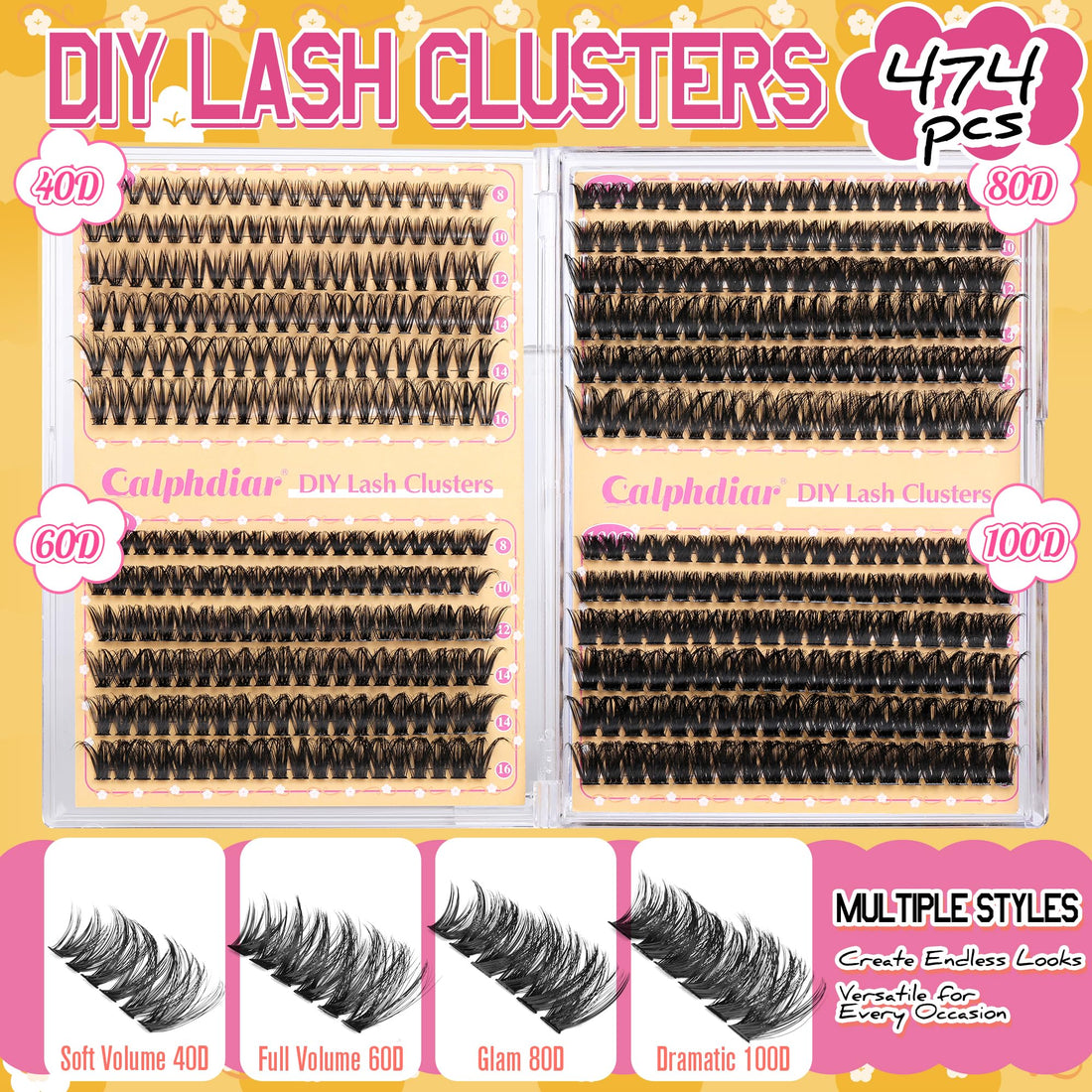 Calphdiar Lash Clusters 40D+60D+80D+100D Eyelash Clusters 474PCS Individual Lashes D-Curly Cluster Eyelash Extensions 8-16MM Wispy Lashes Clusters Volume False Mink Eyelashes DIY Lash Extension