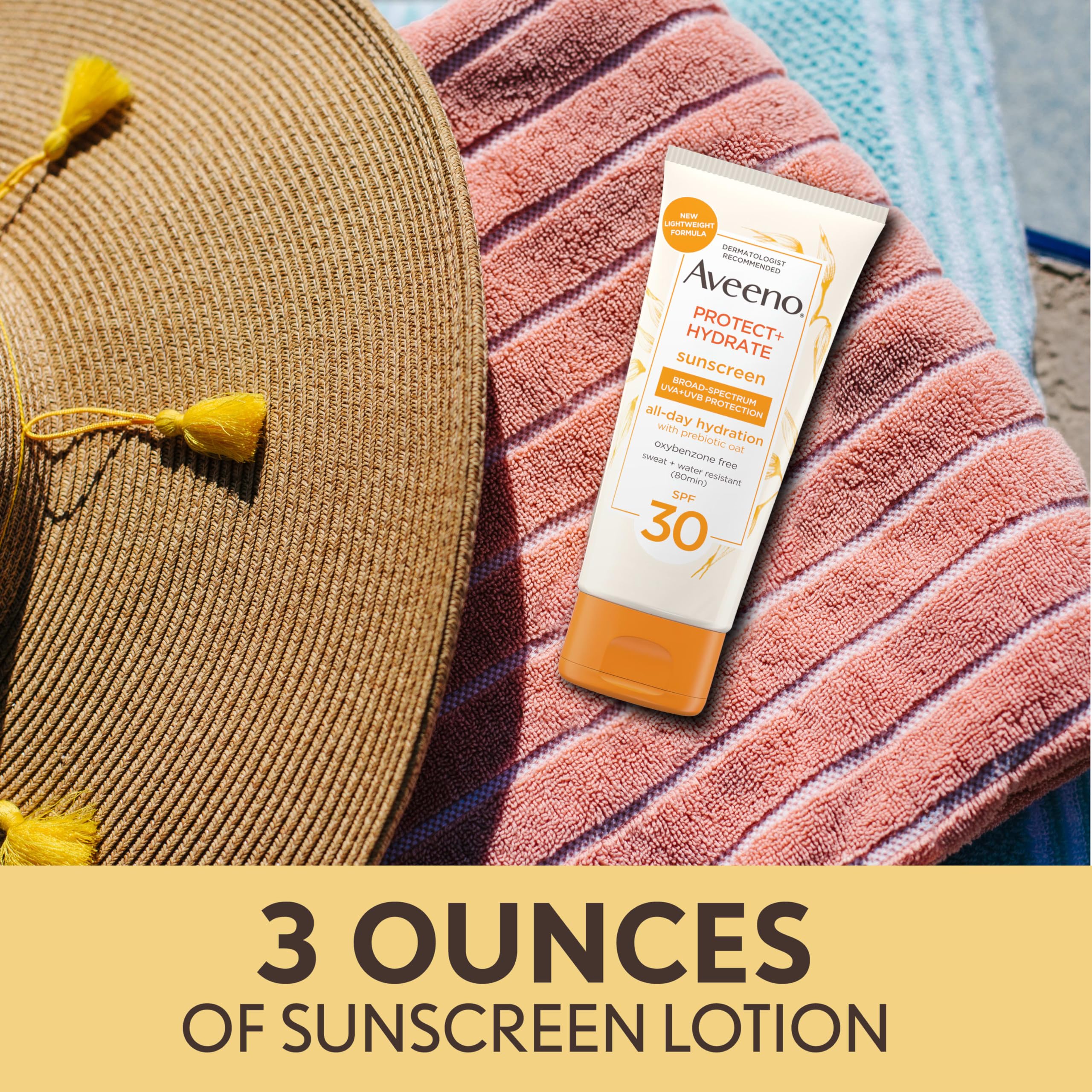 Aveeno Protect + Hydrate Moisturizing Body Sunscreen Lotion with Broad Spectrum SPF 30 & Prebiotic Oat, Weightless & Refreshing Feel, Paraben-Free, Oil-Free, Oxybenzone-Free, 3.0 fl. oz