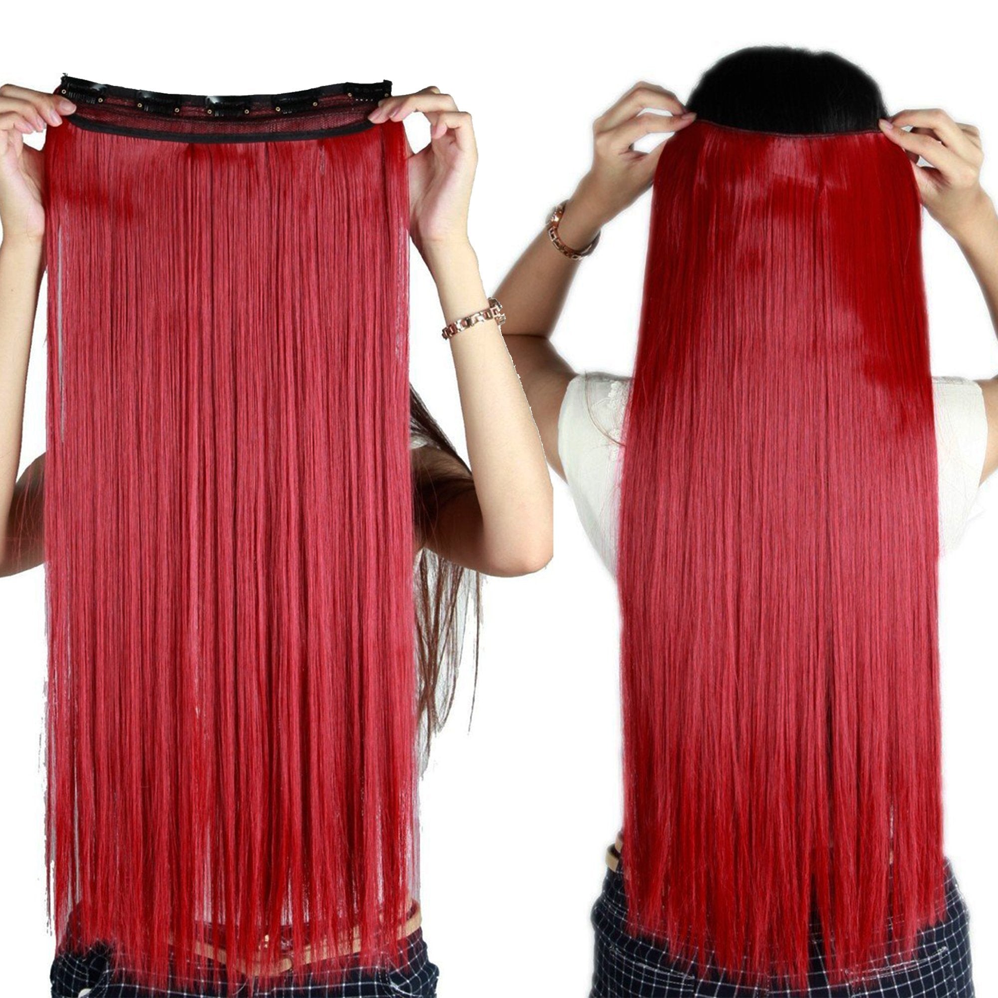 S-noilite Trendy 24/26 Straight Curly 3/4 Full Head One Piece 5clips Clip in Hair Extensions Long Poplar Style for Xmas Gifts 22colors(26-straight,dark Red)