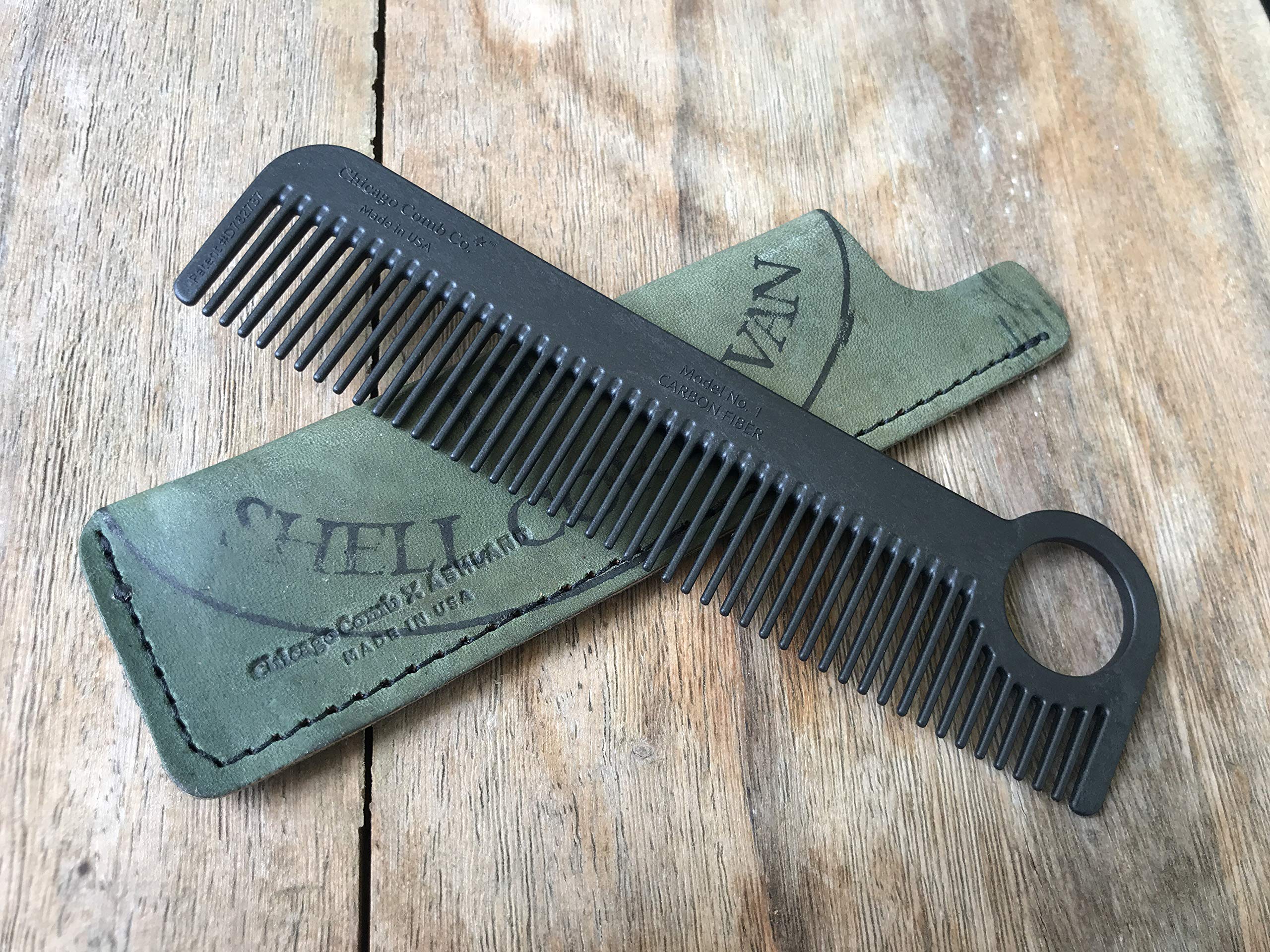 Chicago Comb Model 1 Carbon Fiber Comb + Olive Shell Cordovan Horween leather sheath, Made in USA, ultimate pocket & travel comb, ultra smooth strong light, anti-static, American