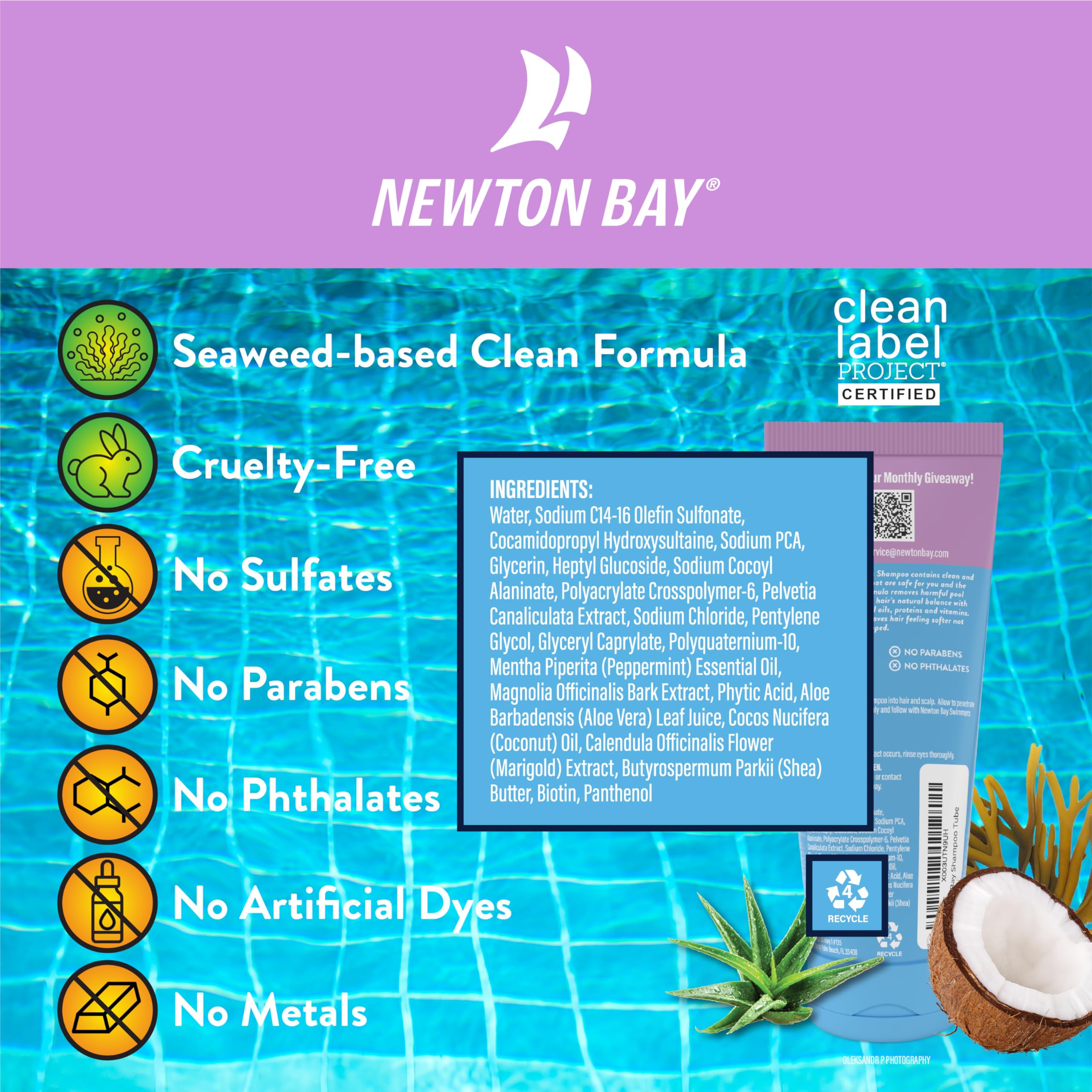 Newton Bay Swimmers Shampoo | Chlorine Removal Shampoo Cleans and Restores Hair after Swimming | Clean Label Project Certified | 8 oz. tube