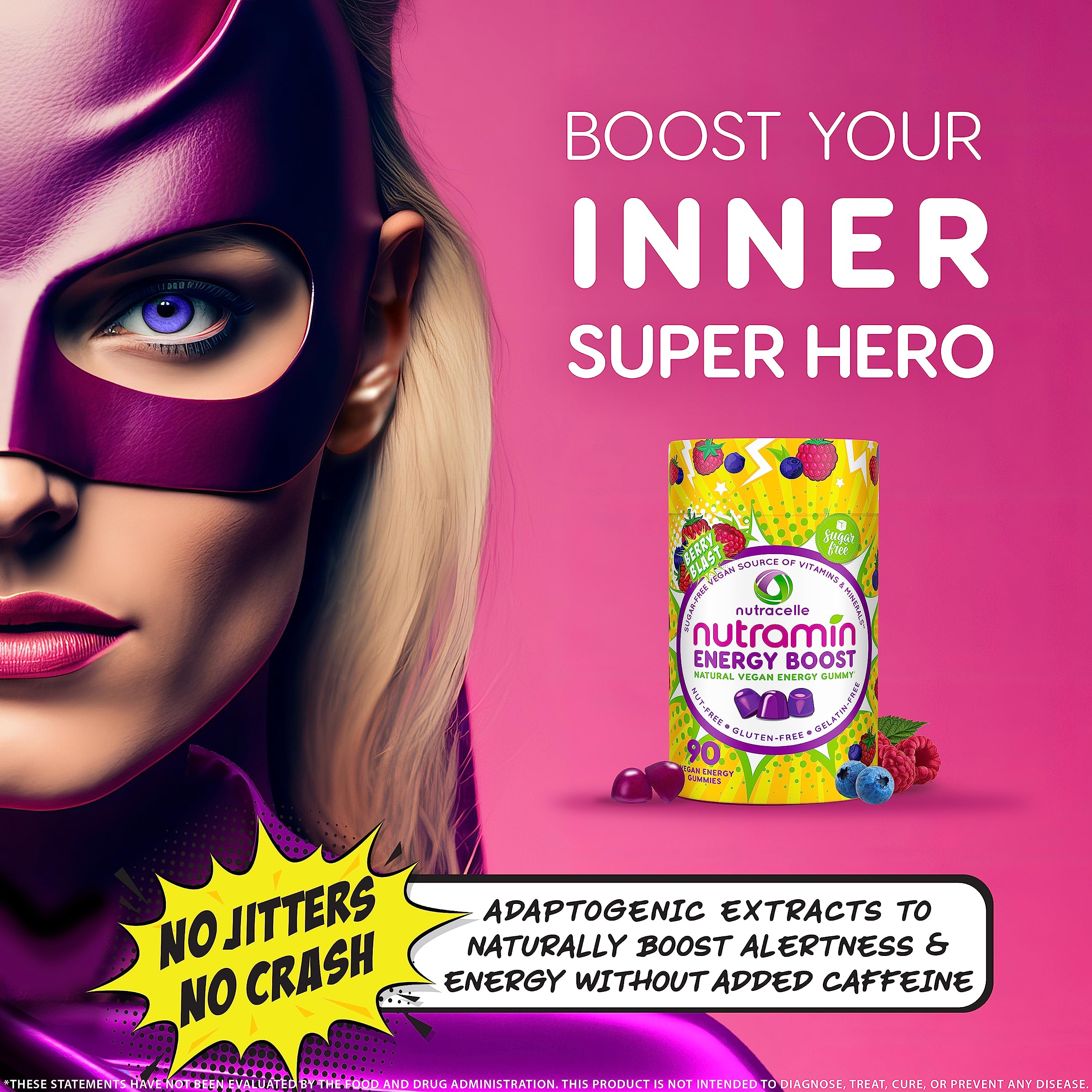 NUTRAMIN Energy Boost Vitamin Gummy - Skip The Coffee & Boost Your Energy, Caffeine-Free, Sugar-Free, Vegan, B12, Green Tea, Ashwagandha, Garcinia Cambogia, Raspberry Adaptogen - 90 ct