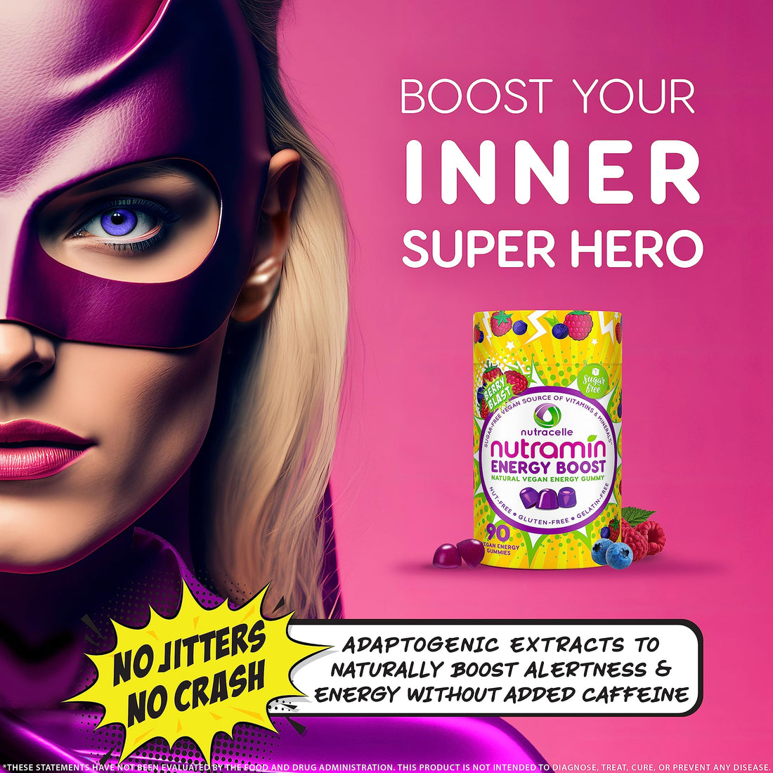NUTRAMIN Energy Boost Vitamin Gummy - Skip The Coffee & Boost Your Energy, Caffeine-Free, Sugar-Free, Vegan, B12, Green Tea, Ashwagandha, Garcinia Cambogia, Raspberry Adaptogen - 90 ct