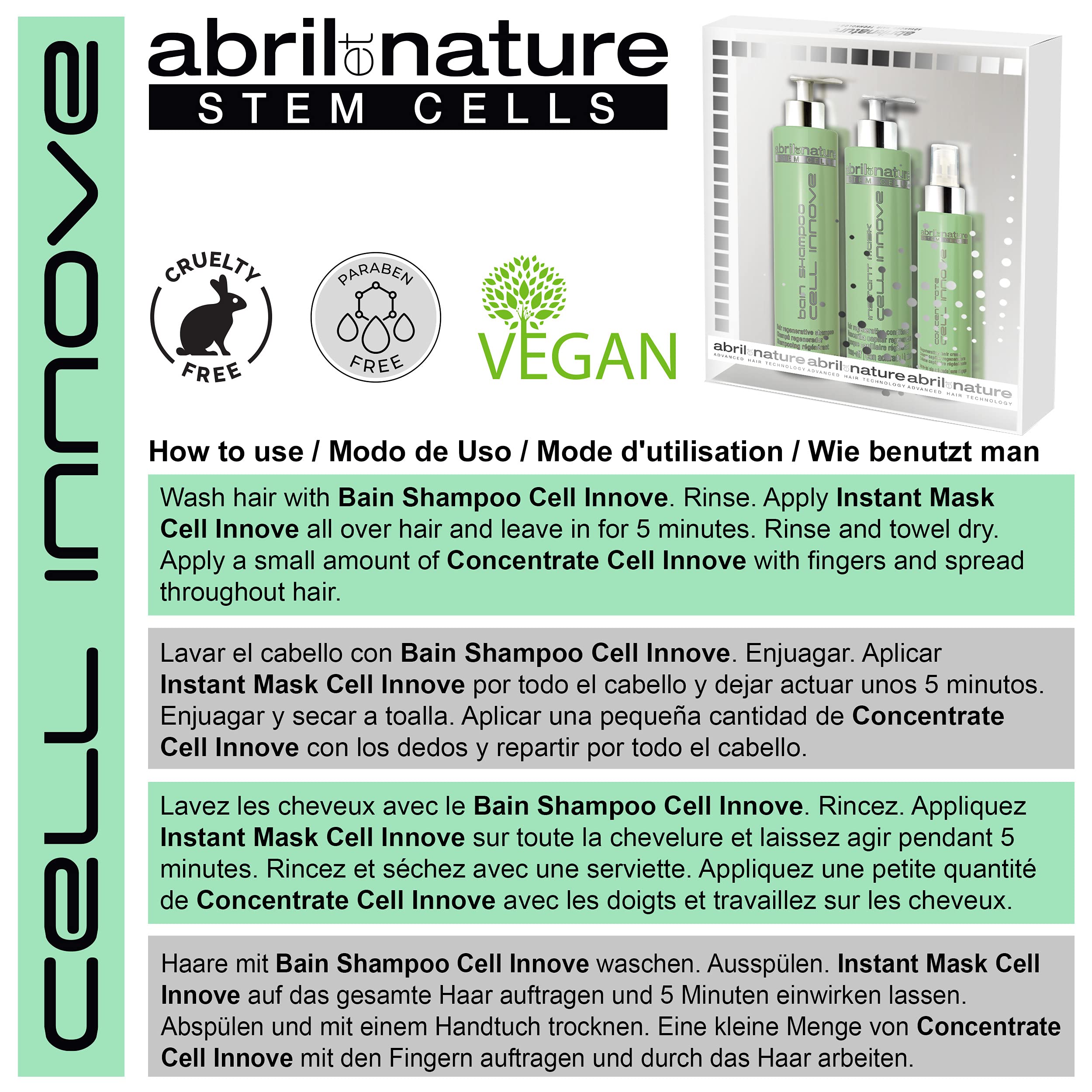 abril et nature - Professional Rejuvenating Hair Care Set - Cell Innove - Shampoo, Mask, and Serum Pack - With Plant Stem Cells - Regenerates and Rejuvenates - 550 ml