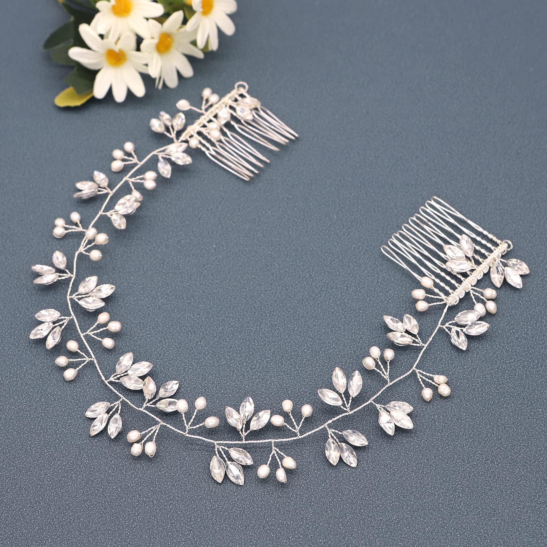 Ammei Crystal Bridal Headpiece Wedding Headband With Genuine Freshwater Pearls And Combs Hair Accessories For Bride Bridesmaid (Silver)