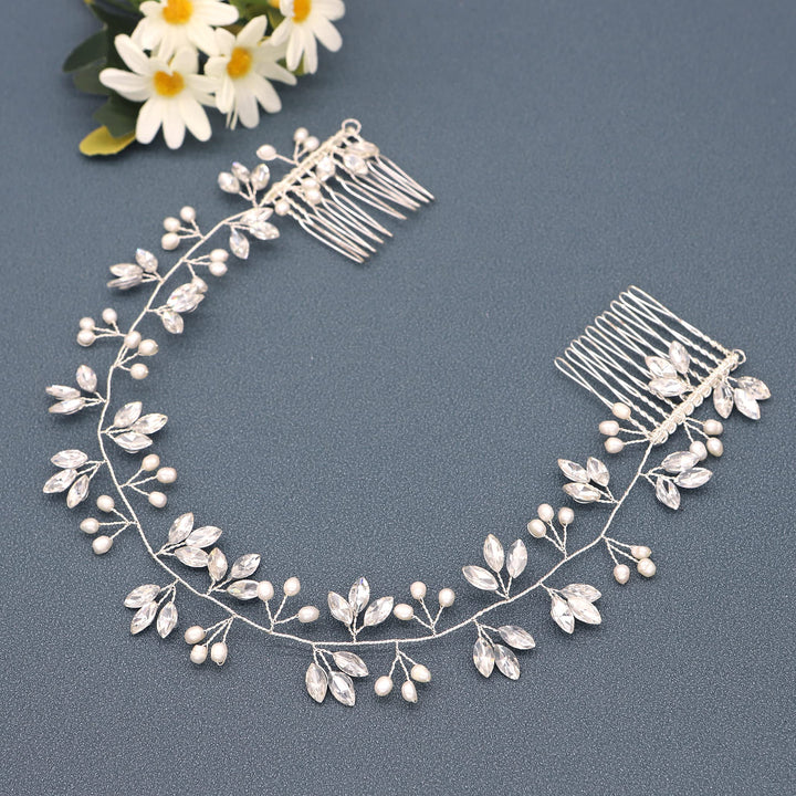 Ammei Crystal Bridal Headpiece Wedding Headband With Genuine Freshwater Pearls And Combs Hair Accessories For Bride Bridesmaid (Silver)