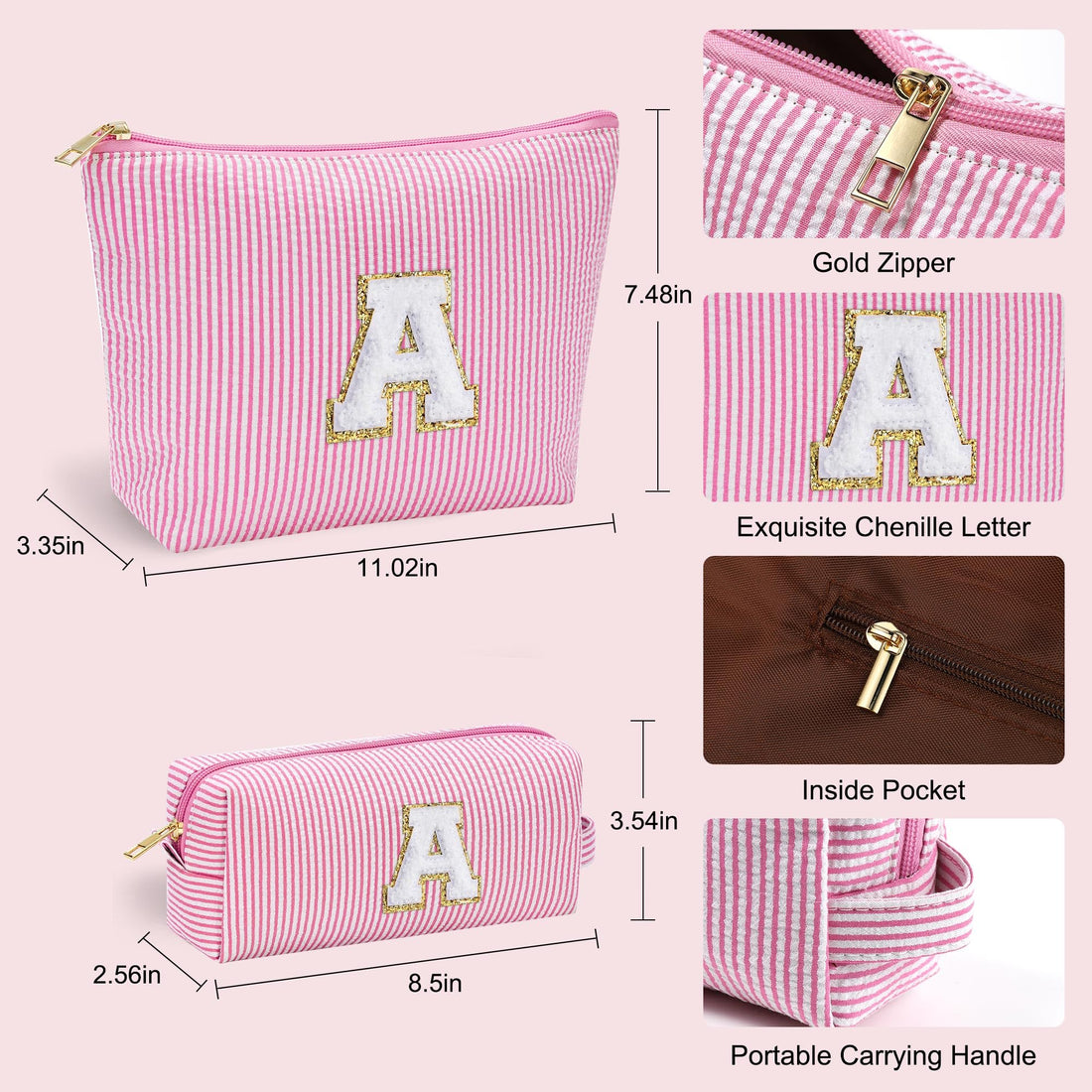 YOOLIFE Mothers Day Gifts for Women | Personalized Initial Makeup Bag | Pink Cosmetic Bag Travel Bag | 11 12 13 14 15 16 Years Old Girl Gifts Graduation Teacher Gifts Teen Girl Gifts Trendy Stuff A