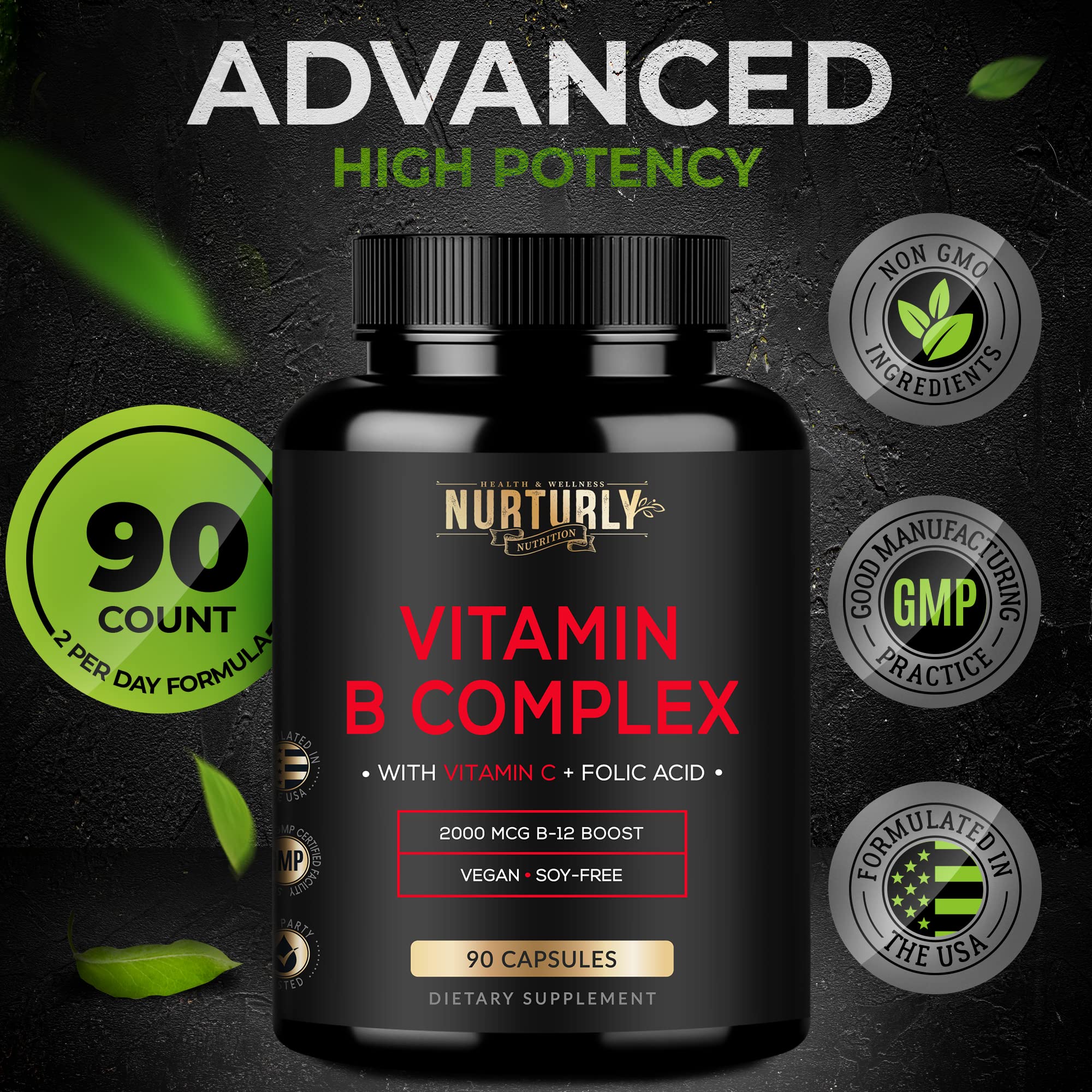 Vitamin B Complex with Vitamin C - Contains All Essential B Vitamins - B1, B2, B3, B5, B6, B7, B9, B12 and Biotin - Super B Complex Vitamins for Energy, Immunity and Mood Support - 90 Capsules