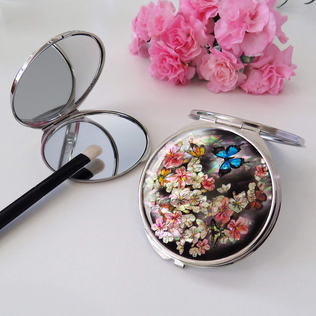 Korean Makeup Compact Mirror Mother of Pearl Metal Apricot Flower Butterfly #55