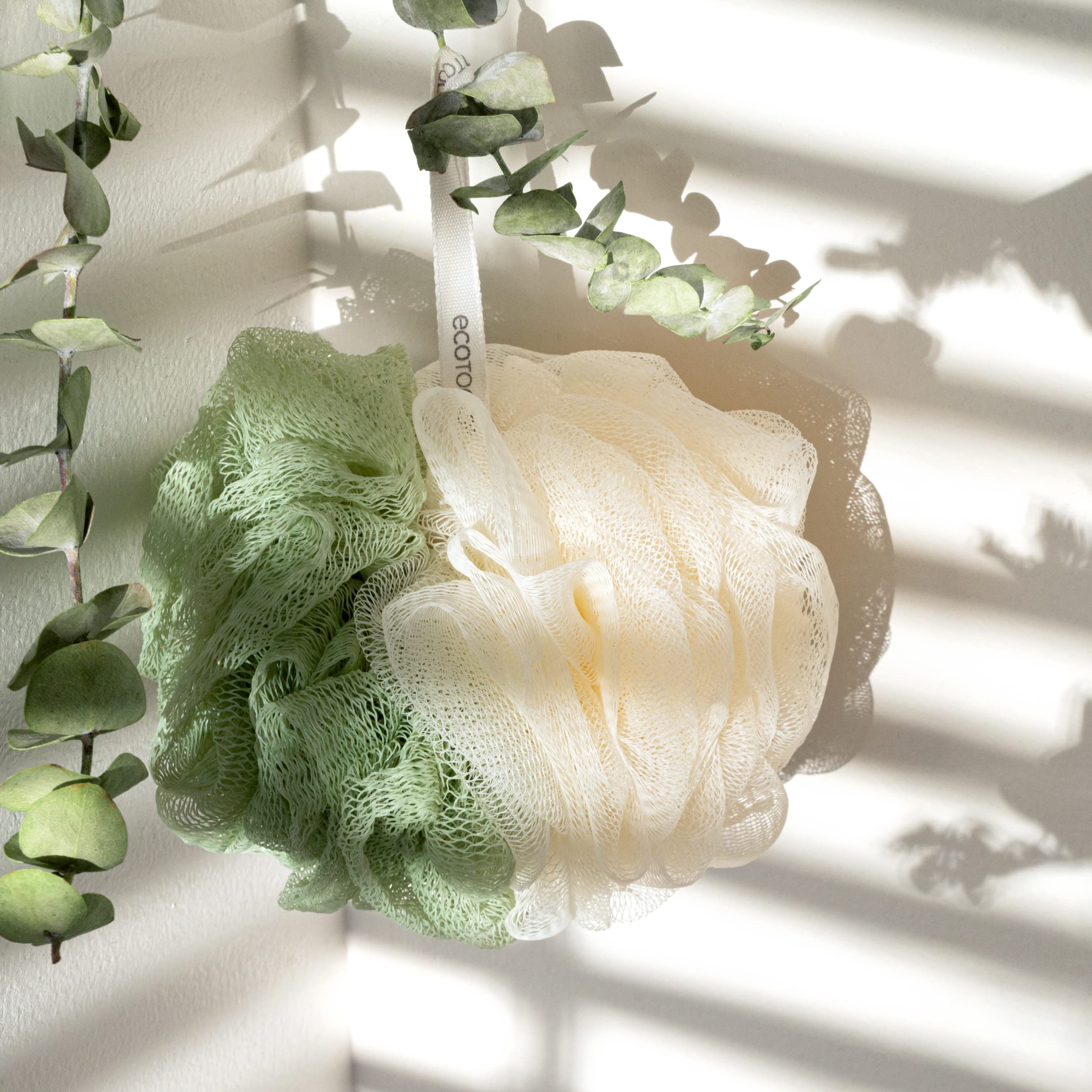 EcoTools Green 2-in-1 EcoPouf, Dual-Sided Shower Loofah Exfoliates & Cleanses Skin, Made of Recycled Netting, Removes Dead Skin, Eco-Friendly Bath Accessory, Cruelty-Free, 6 Count (60g)