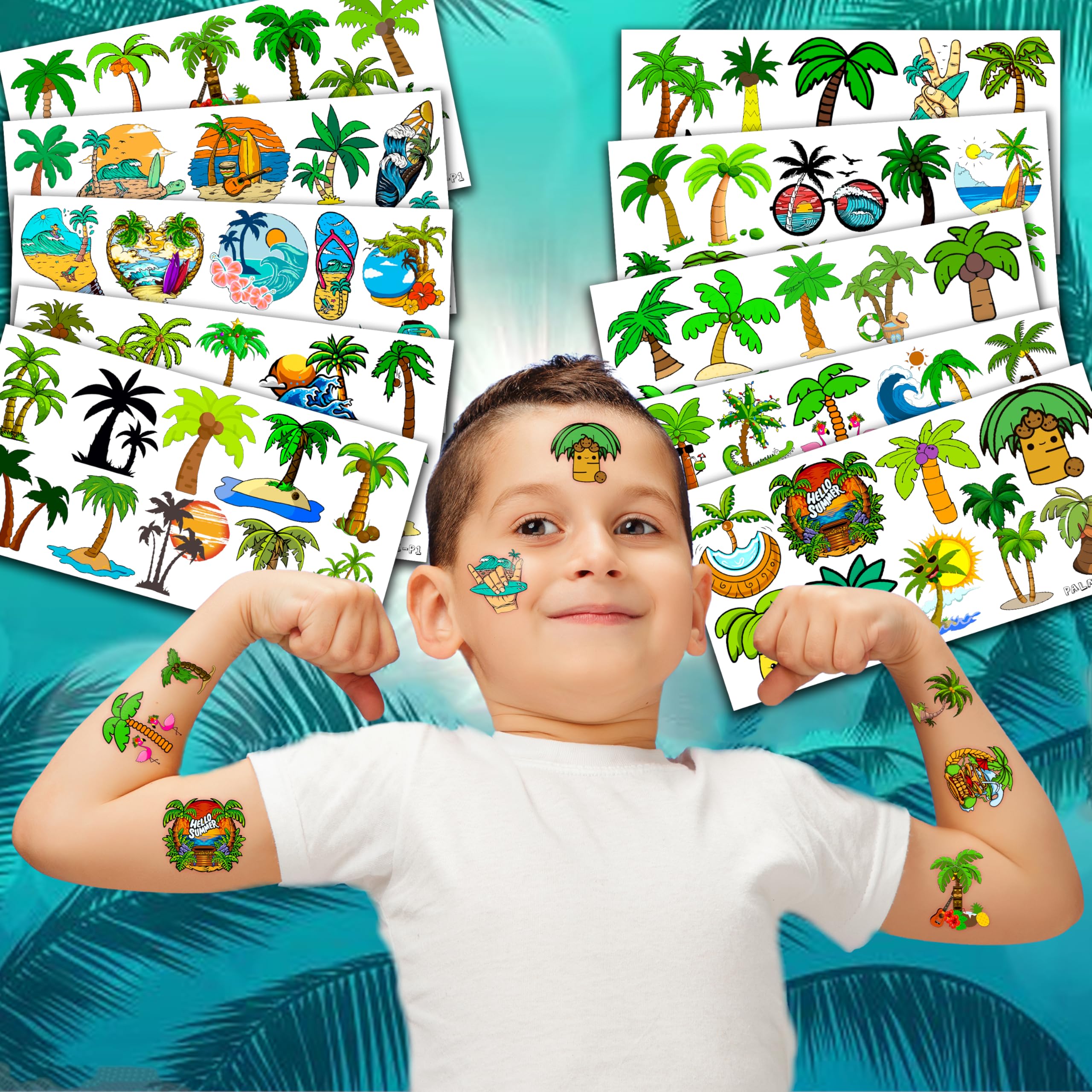 101 PCS Palm Tree Leaves Temporary Tattoos Birthday Party Decorations Supplies Favors Luau Hawaiian Themed Tropical Summer Palm Coconut Tree Beach Pool Decor Stickers Gift School Prizes Rewards