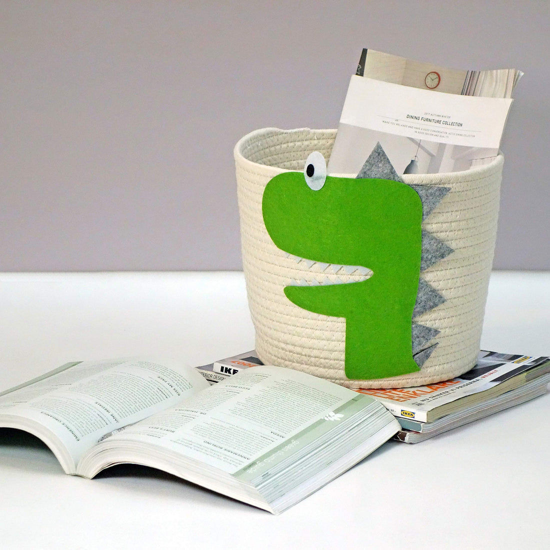 T&T Homewares Small Cotton Rope Basket with Cute Green Dinosaur for Baby Diaper Organizer, Woodland Nursery Storage, Kids Room Organizer, Baby Laundry Baskets, Cat Dog Toy Basket