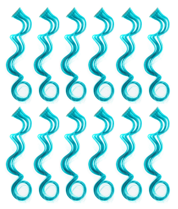 Teal Blue : SWACC 12 Pcs Curly One Color Party Highlights Clip on in Hair Extensions Colored Hair Streak Synthetic Hairpieces (Teal Blue)