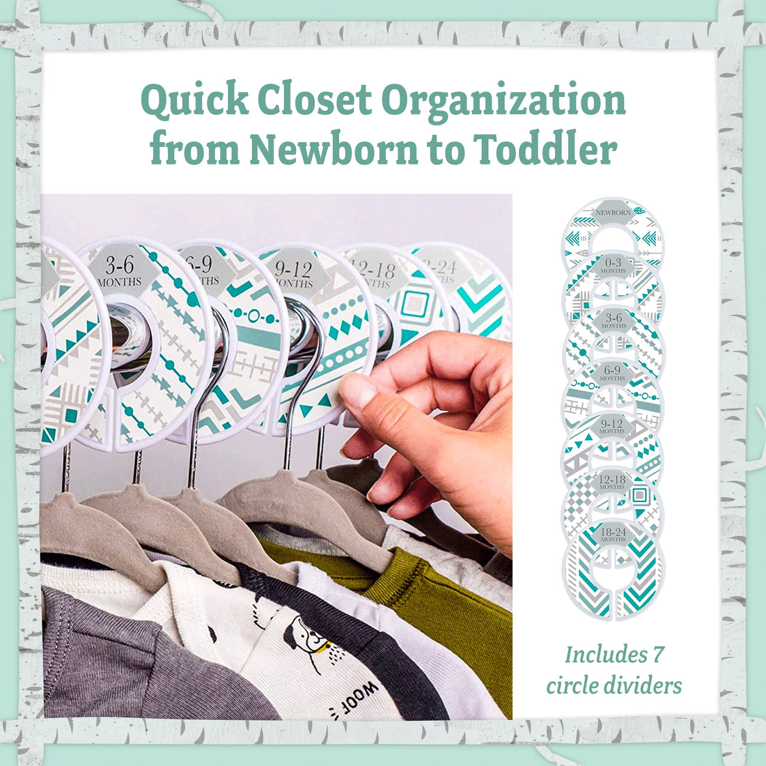 Baby Nest Designs Closet Dividers for Baby Clothes - 7X Baby Clothing Size Age Dividers from Newborn Infant to 24 Months - Boho Baby Clothes Dividers and Nursery Closet Organizer