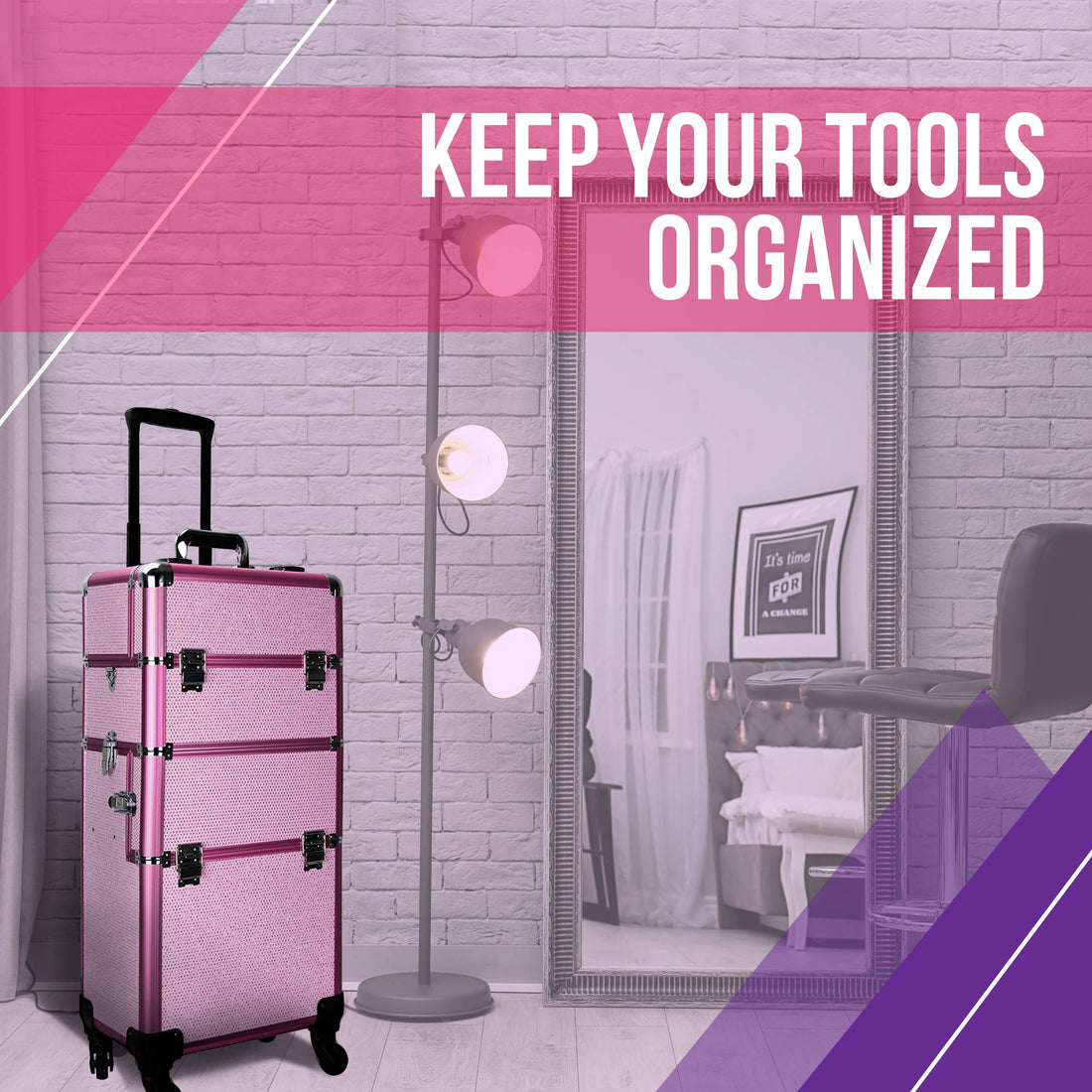 Ver Beauty 360 degreed wheels 2-in- 1 professional artist rolling trolley aluminum cosmetic organizer makeup train case, Pink Krystal