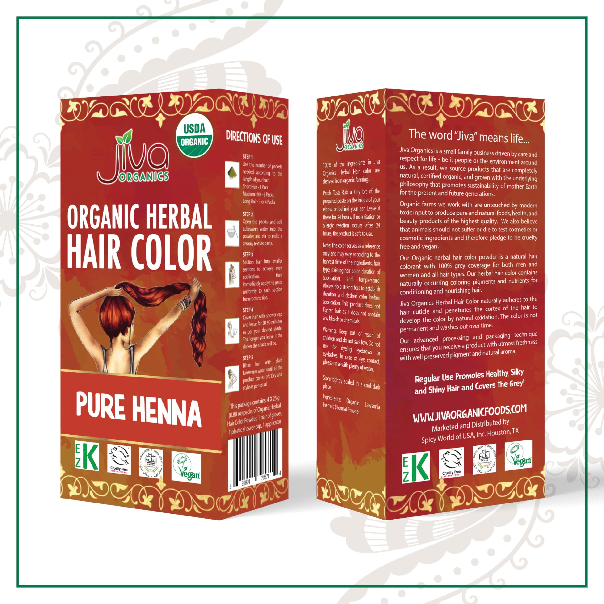 Jiva Organic Henna Powder For Hair - 100% Pure, Certified Organic Natural Hair Colorant - NO Chemicals, Kosher, Vegan, Cruelty Free