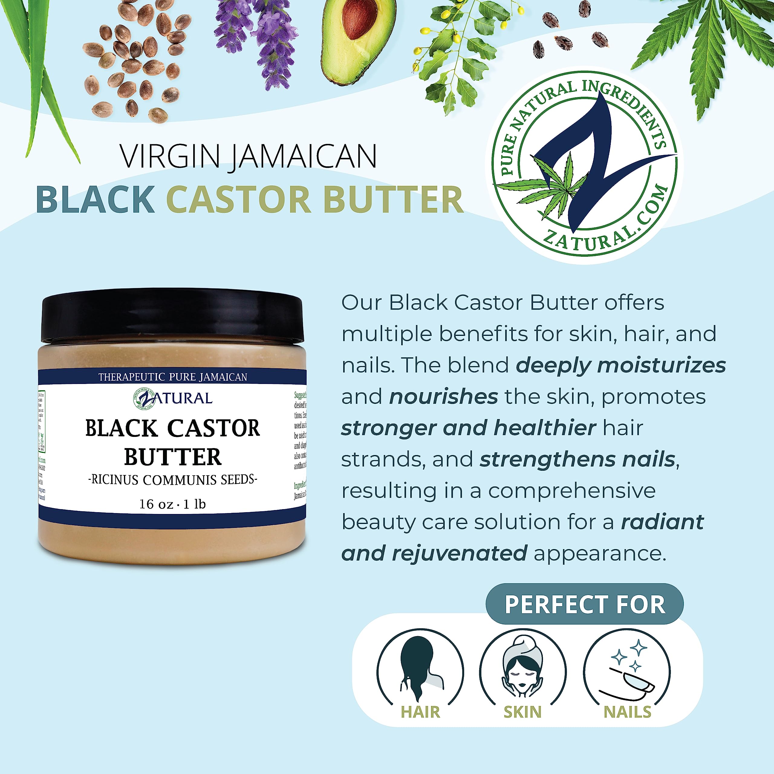 Zatural Organically Grown Black Castor Oil Body & Hair Butter Clean 2 Ingredient Quality Jamaican Black Castor Oil (16 Ounce)