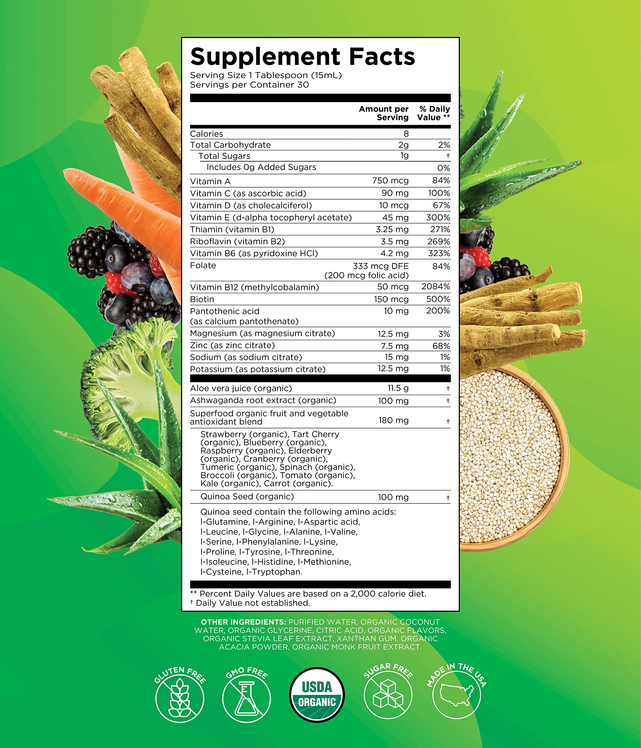 BoostMe Organic Liquid Multivitamin with Ashwagandha, Amino Acids, Aloe Vera, Vegetables, Superfuits and Antioxidants 100% Organic Golden Elixir