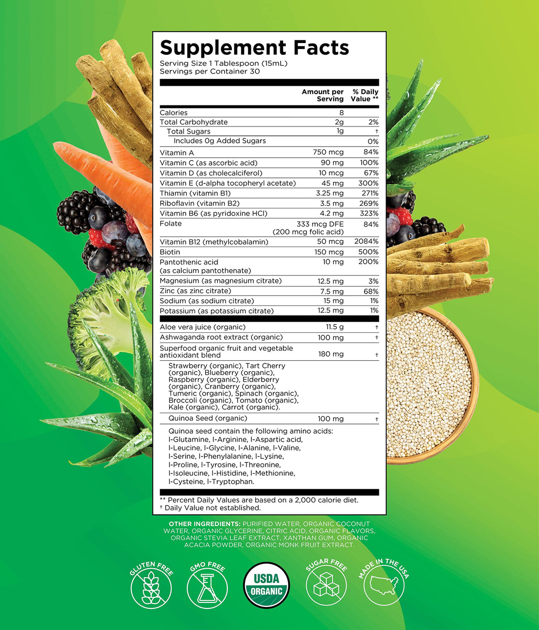 BoostMe Organic Liquid Multivitamin with Ashwagandha, Amino Acids, Aloe Vera, Vegetables, Superfuits and Antioxidants 100% Organic Golden Elixir