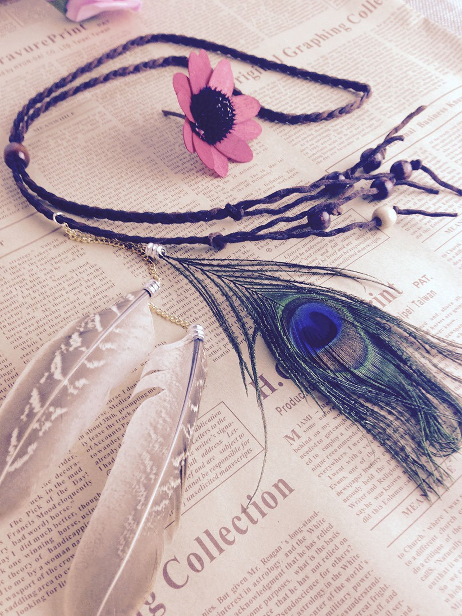 Girls Women Lady BOHO Peacock Feather Hair Band Head Band Hairdressing Folk Style Indian Handmade Headband Hair Hoop Headpiece Headwear Accessory