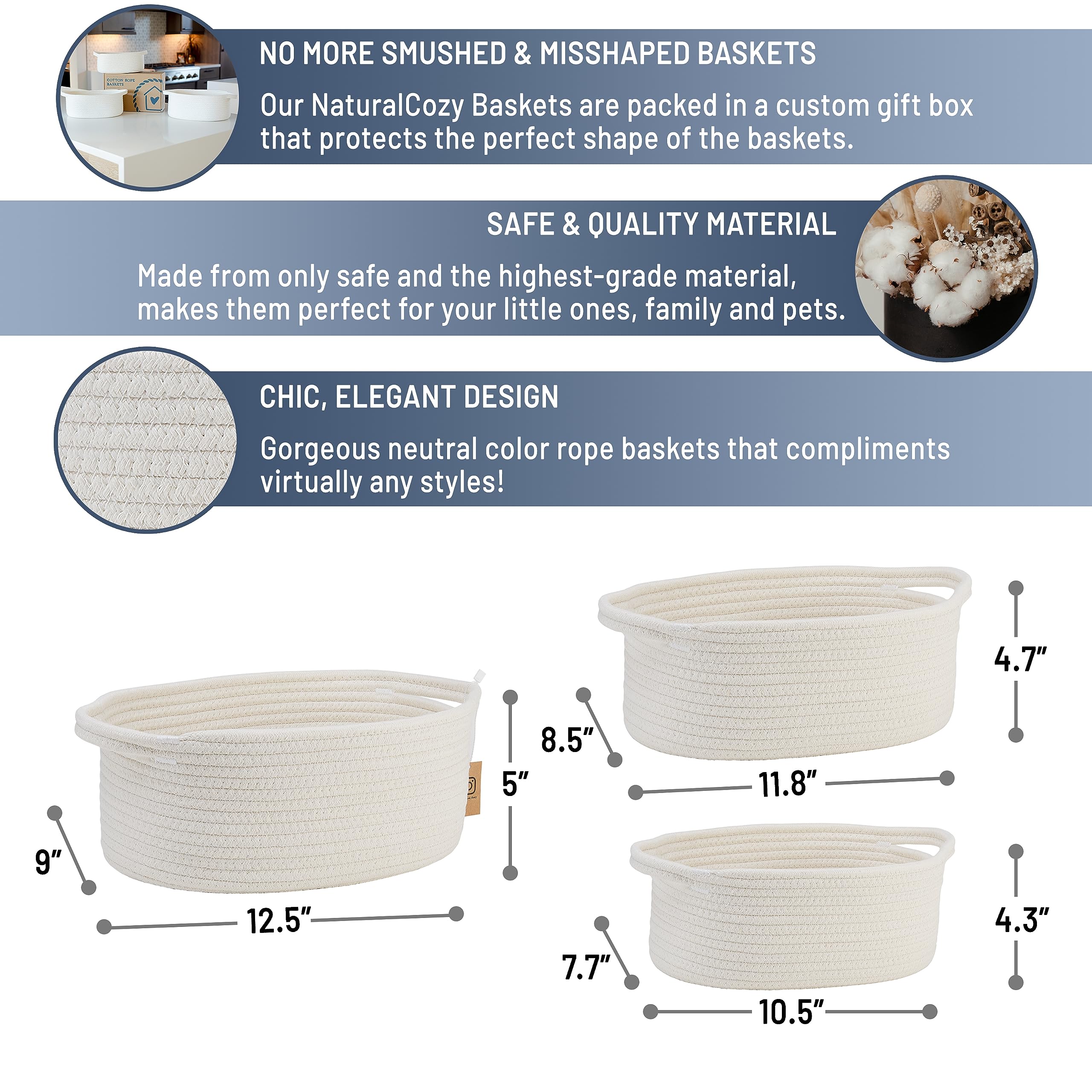 NaturalCozy 3-Piece Oval Storage Basket Set– Soft Natural Rope Woven Baskets for Storage Shelf, Toy, Nursery, Gift, Baby Shower, Pets Cat Dog Bins, Kitchen | Small Basket for Organizing (Off White)