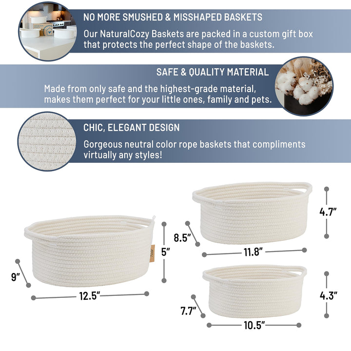 NaturalCozy 3-Piece Oval Storage Basket Set– Soft Natural Rope Woven Baskets for Storage Shelf, Toy, Nursery, Gift, Baby Shower, Pets Cat Dog Bins, Kitchen | Small Basket for Organizing (Off White)