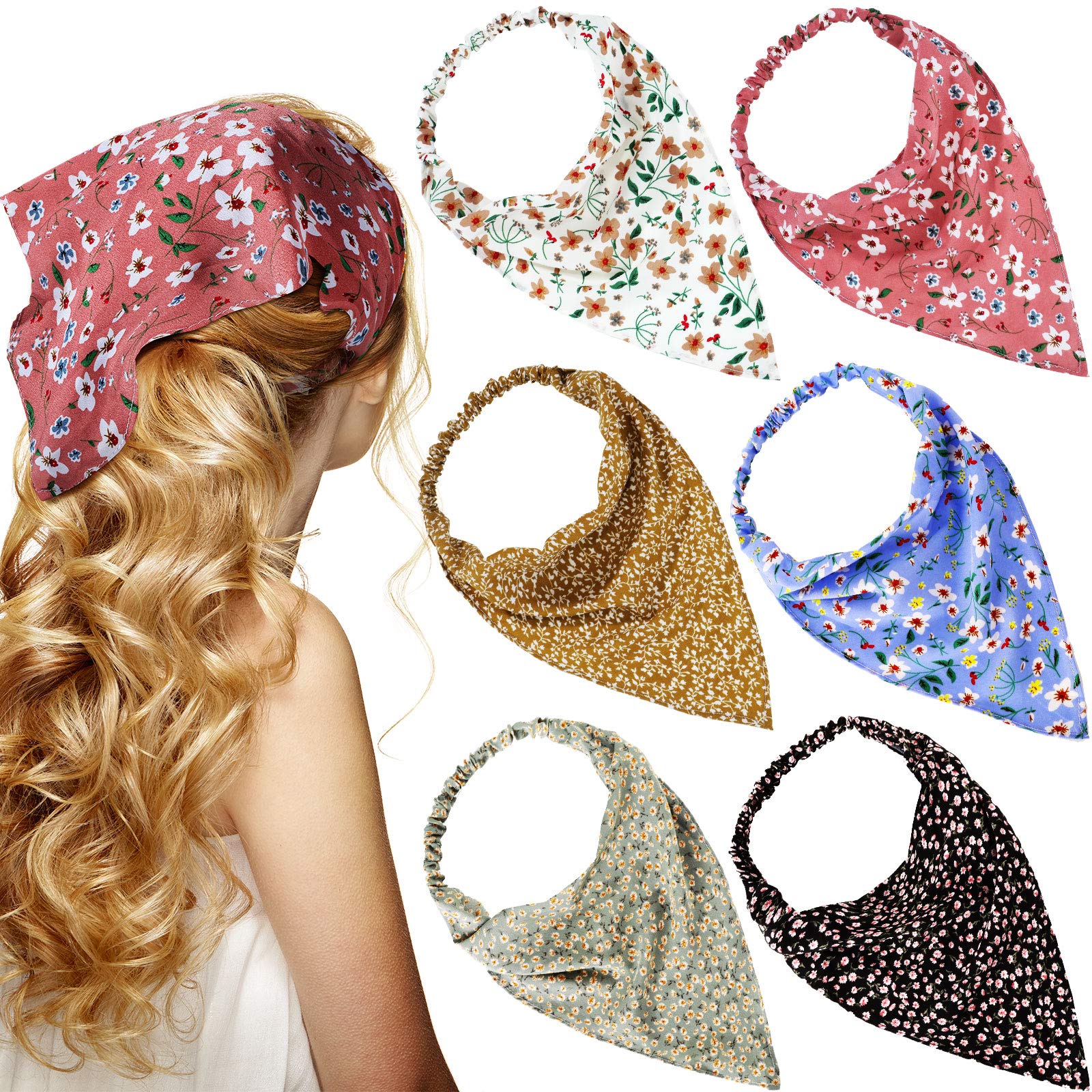 Syhood 6 Pcs Floral Elastic Hair Bandanas Boho Scarf Headband Chiffon Head Kerchief Turban with Hair Clips for Women(Boho Floral Patterns)