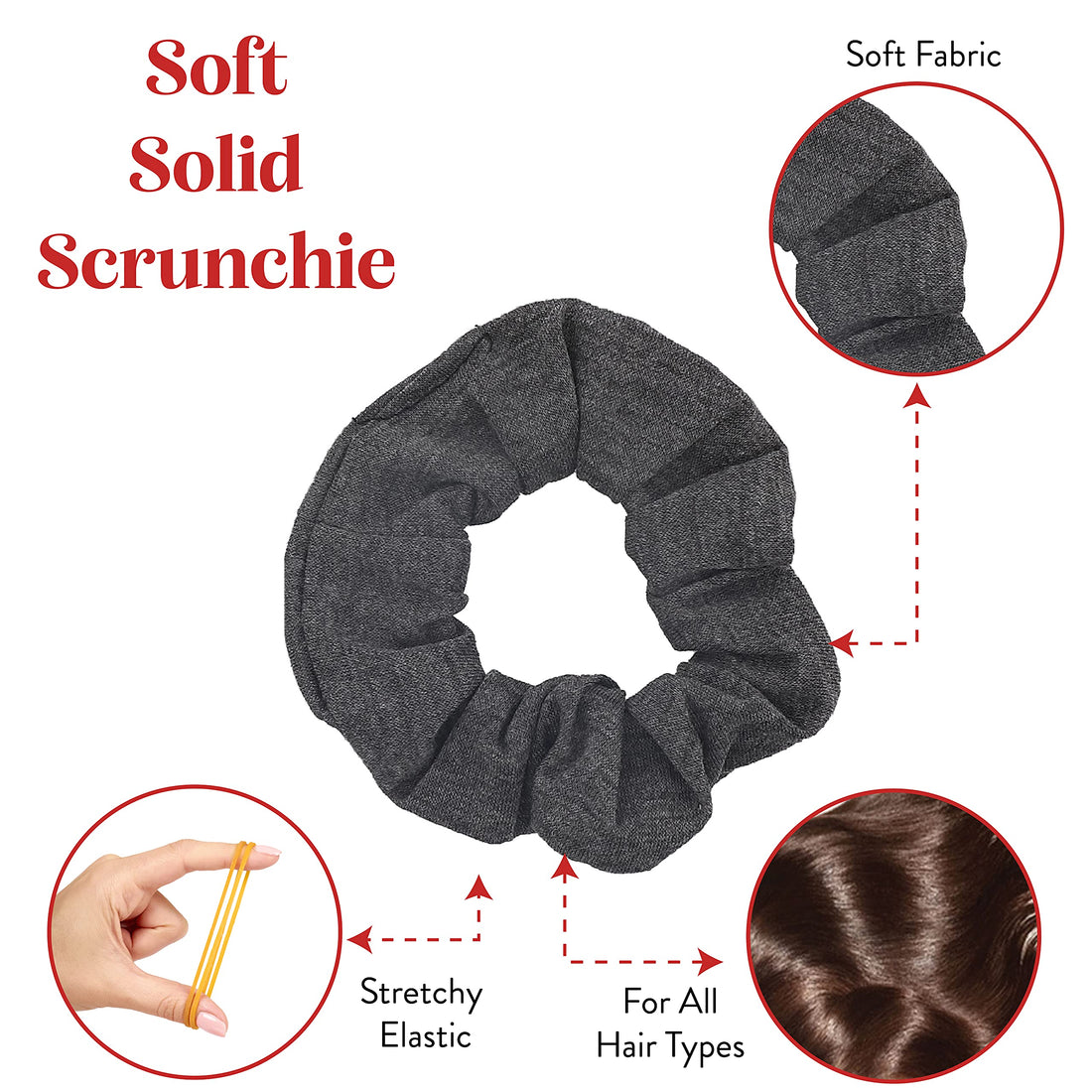 Motique Accessories Dark Grey: 12 Pack Solid Hair Ties Scrunchies - Dark Grey