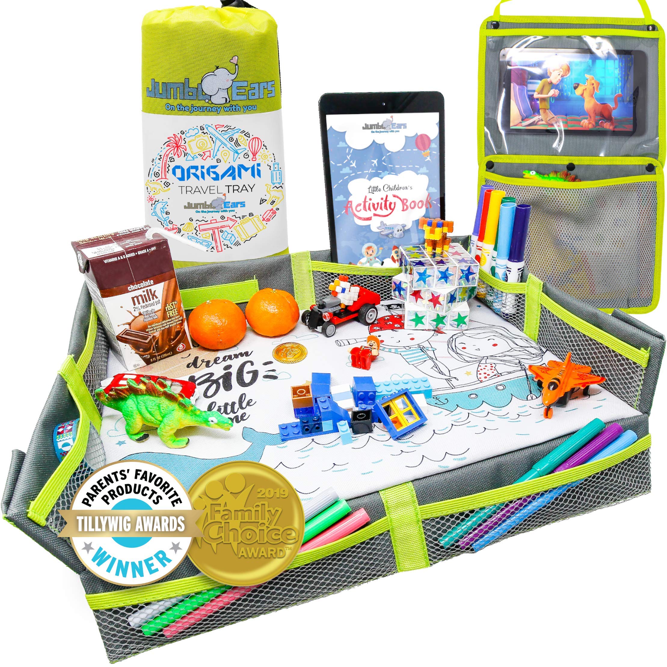 Jumbo Ears Origami Kids Travel Tray Placemat Cover -Gray- Foldable and Easy to Setup with Bonus Portable Multipurpose Side Pockets Organizer for Tablets and Phones Activities or Snacks for Toddler