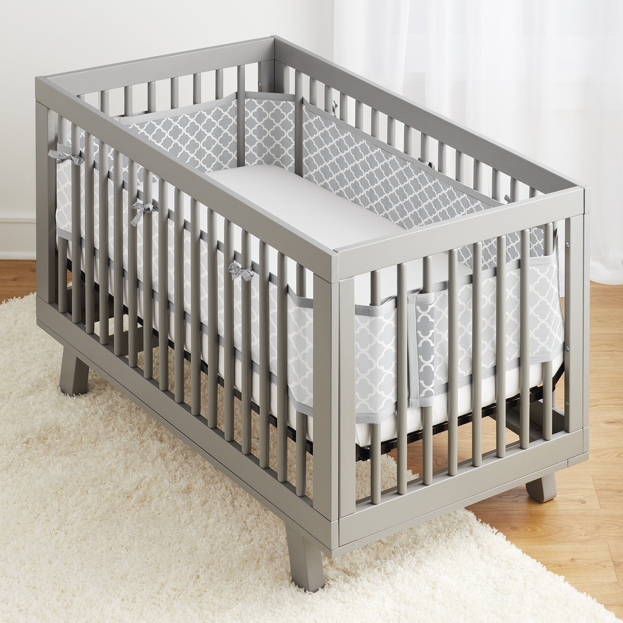 BreathableBaby Breathable Mesh Liner for Full-Size Cribs, Classic 3mm Mesh, Gray Clover (Size 4FS Covers 3 or 4 Sides)