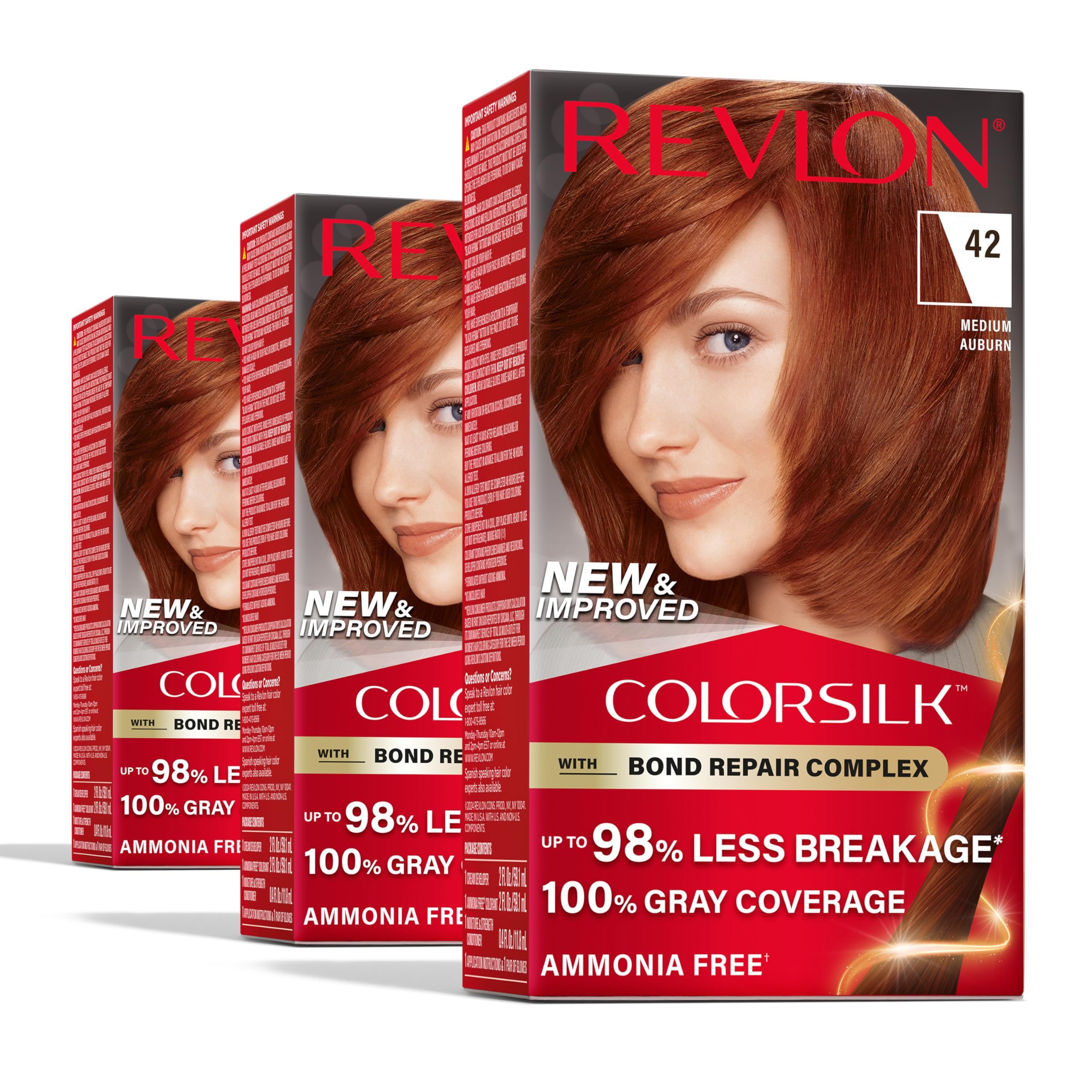 Revlon ColorSilk with Bond Repair Complex, Auburn Permanent Hair Color, 100% Gray Coverage, Ammonia Free Hair Dye, Vegan Keratin, 42 Medium Auburn (Pack of 3)