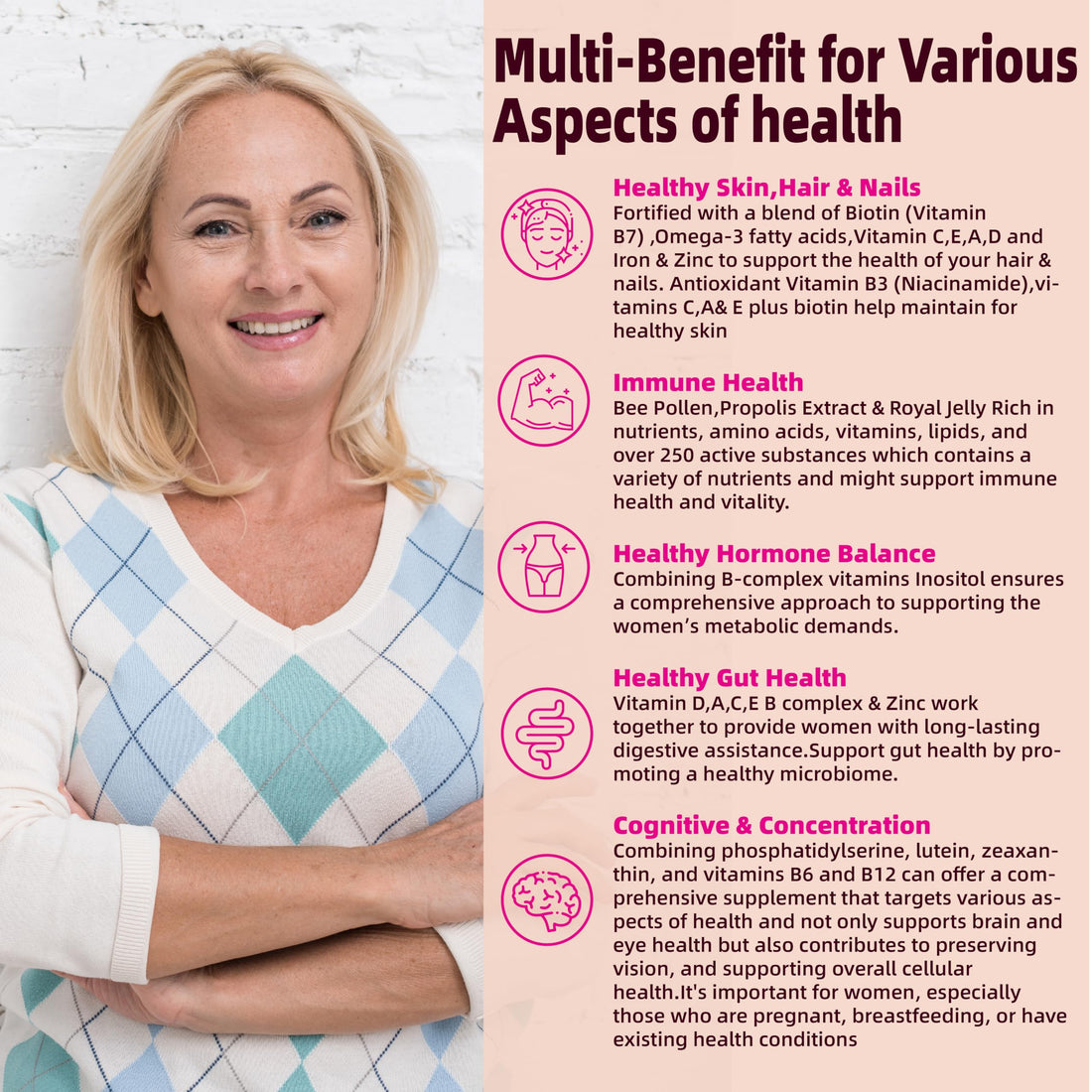 Multivitamin for Women Gummies for 40+ with Omega-3, Niacinamide, B-Complex, Lutein, Iron, Choline, Phosphatidylserine, Vitamin D3 for Skin, Hair, Energy, Immune, Bone - Vegan, Sugar Free, 120Cts