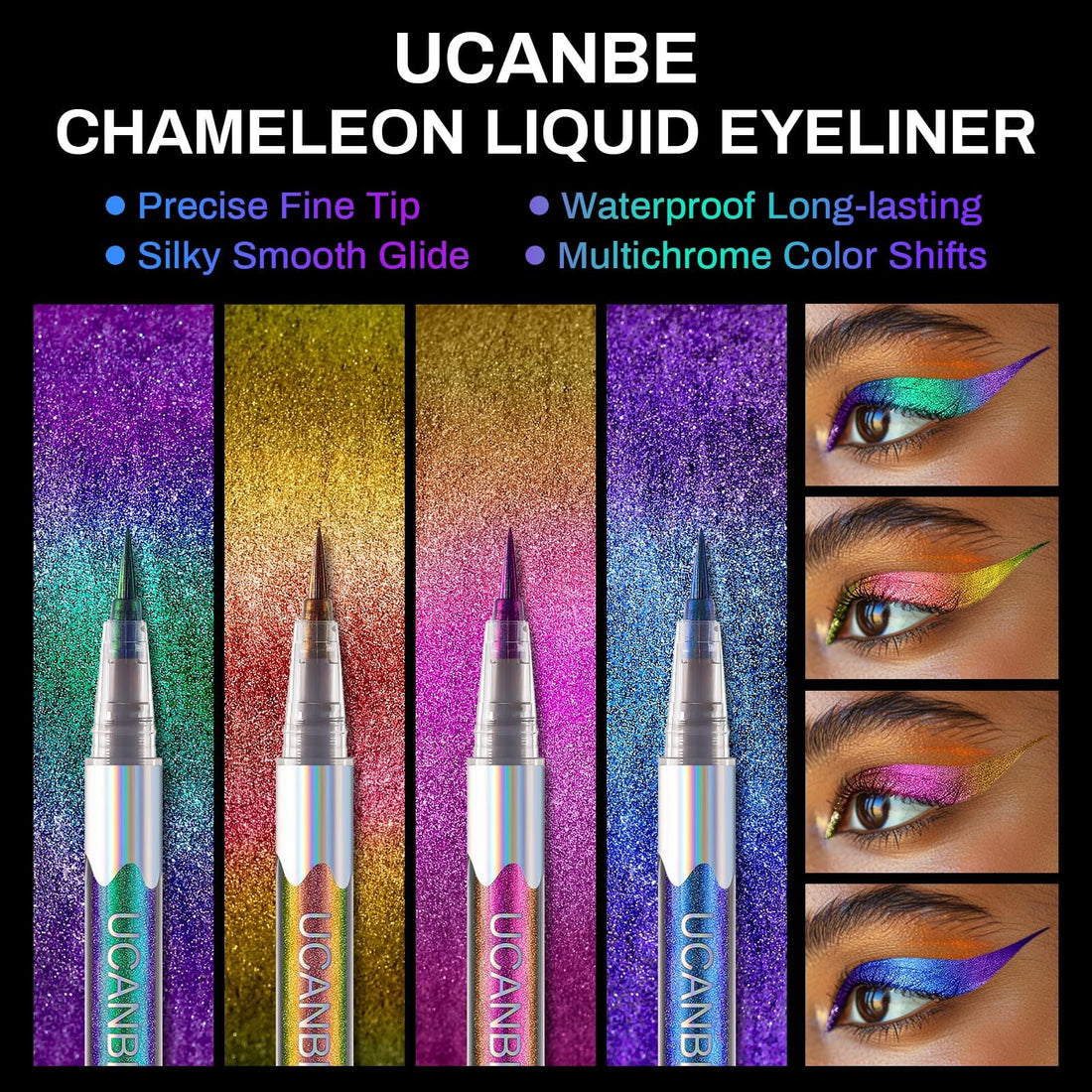 UCANBE Chameleon Liquid Eyeliner - Green Cyan Blue, Multi-Chrome Metallic Shift Eyeliner, Waterproof Glitter Eyeliner with Soft Fine Tip for Multi-Dimensional Eye Looks