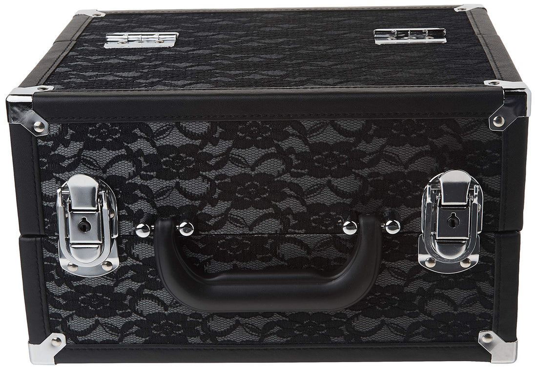 Caboodles Make Me Over 4 Tray Train Case, Cosmetic Storage Case & Organizer, Black Lace, 3.5 Lb