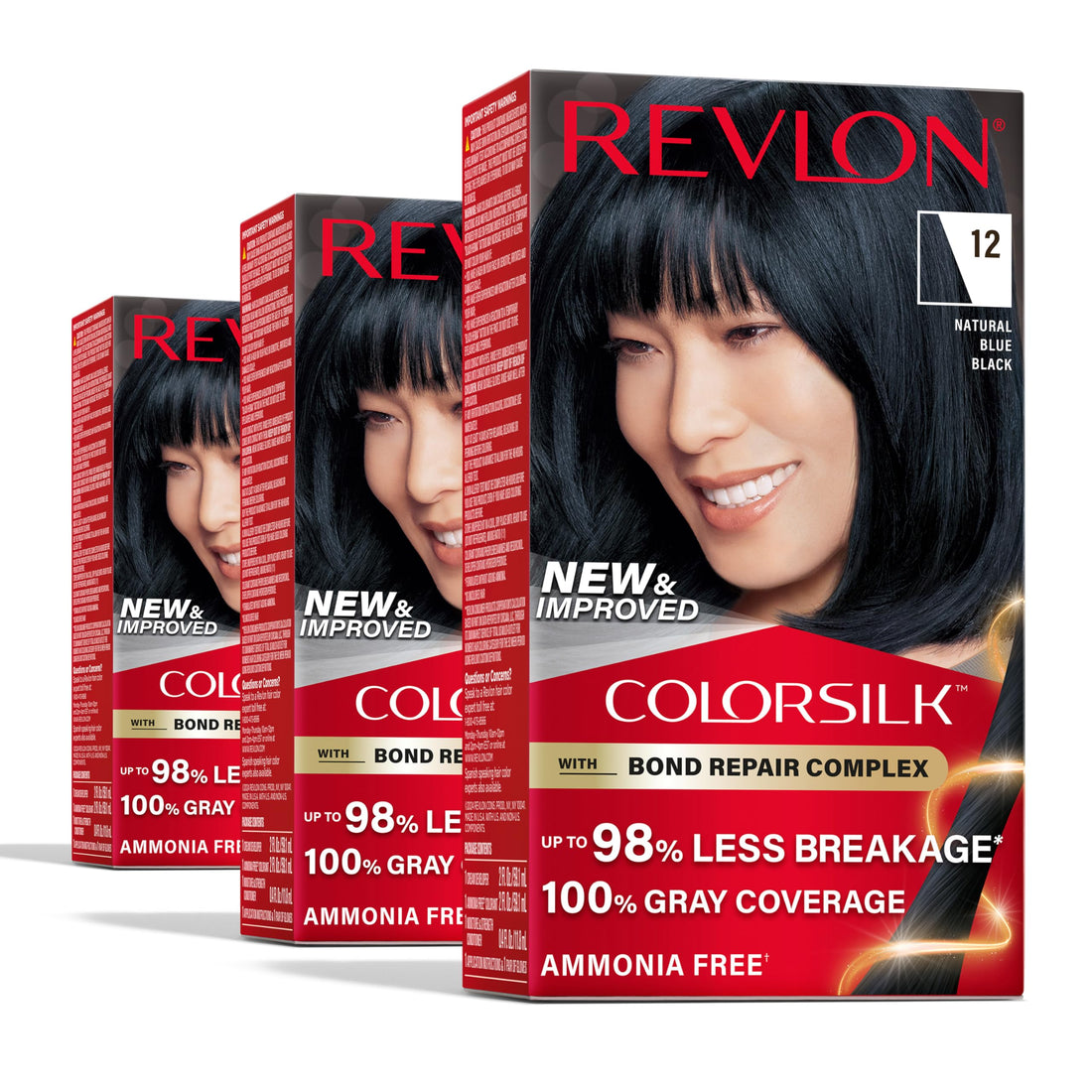 Revlon ColorSilk with Bond Repair Complex, Black Permanent Hair Color, 100% Gray Coverage, Ammonia Free Hair Dye, Vegan Keratin, 12 Natural Blue Black (Pack of 3)