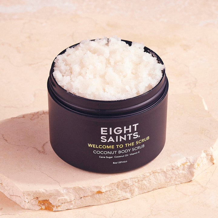 Eight Saints Welcome to the Scrub Coconut Body Scrub, Natural and Organic Exfoliating Sugar Scrub for Acne, Cellulite, Deep Cleansing, Scars, Wrinkles, Exfoliate and Moisturize Skin, 8 Ounces