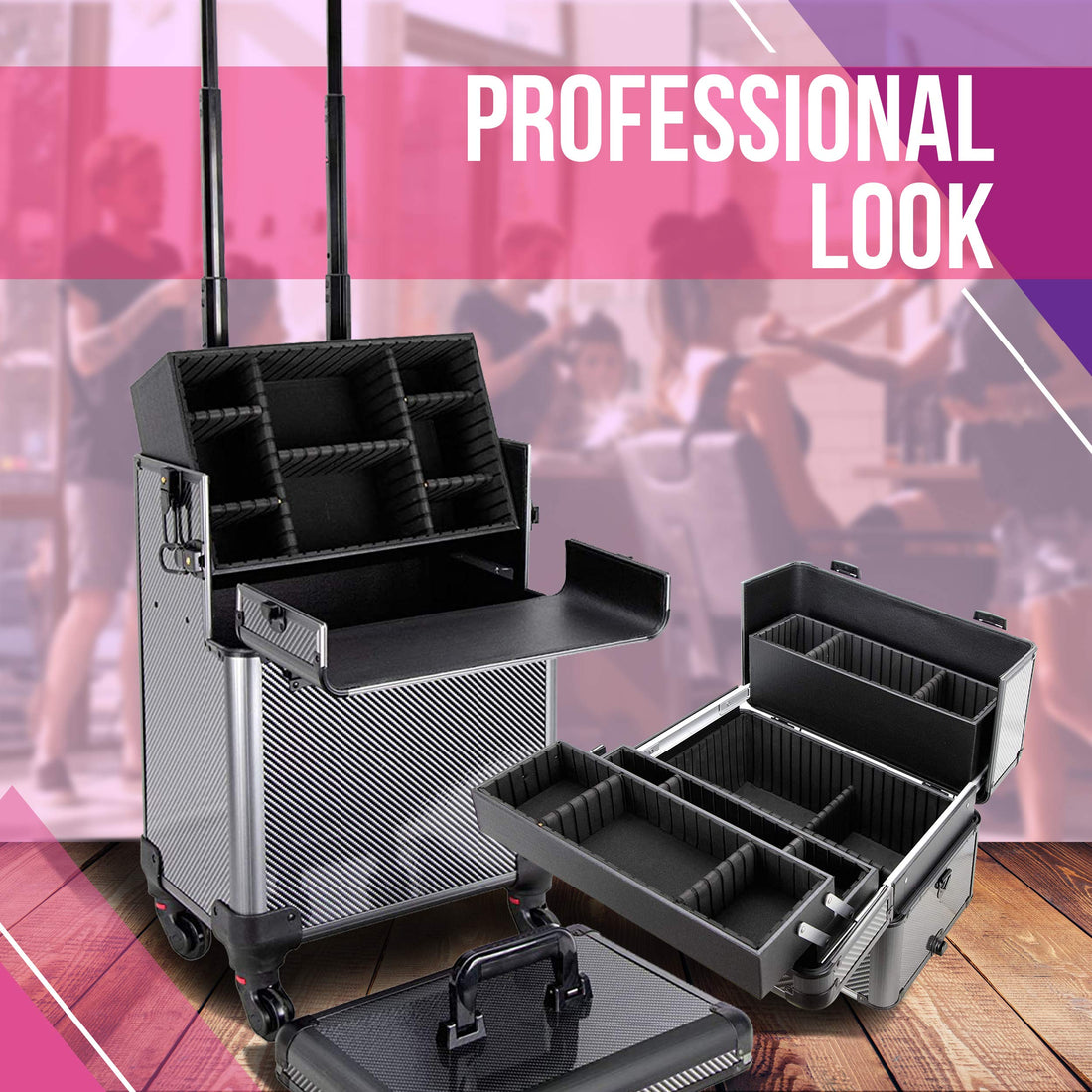 Ver Beauty 360 degreed wheels 2-in- 1 professional artist rolling trolley aluminum cosmetic organizer makeup train case, Pink Krystal