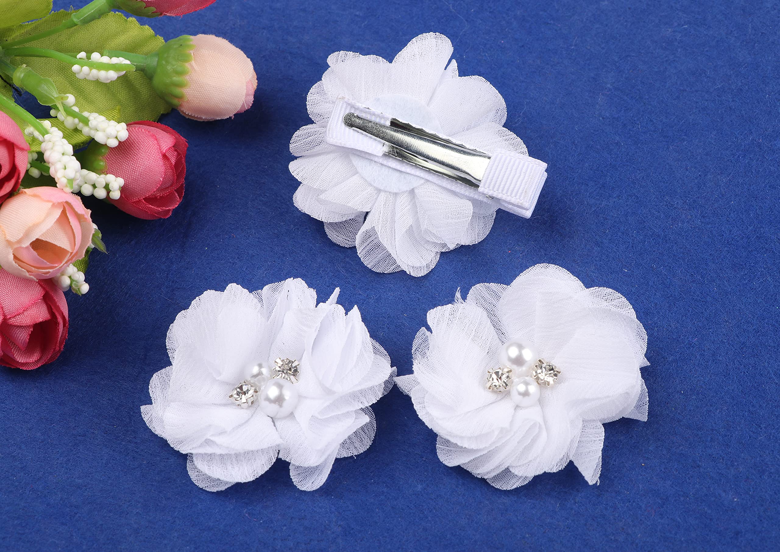Baby Girls Chiffon Flower Hair Clips with Rhinestones and Pearl,YYCRAFT 10 pcs Party Wedding 2 Hair Accessory for Kids Toddler Infant Girls(Snow White)