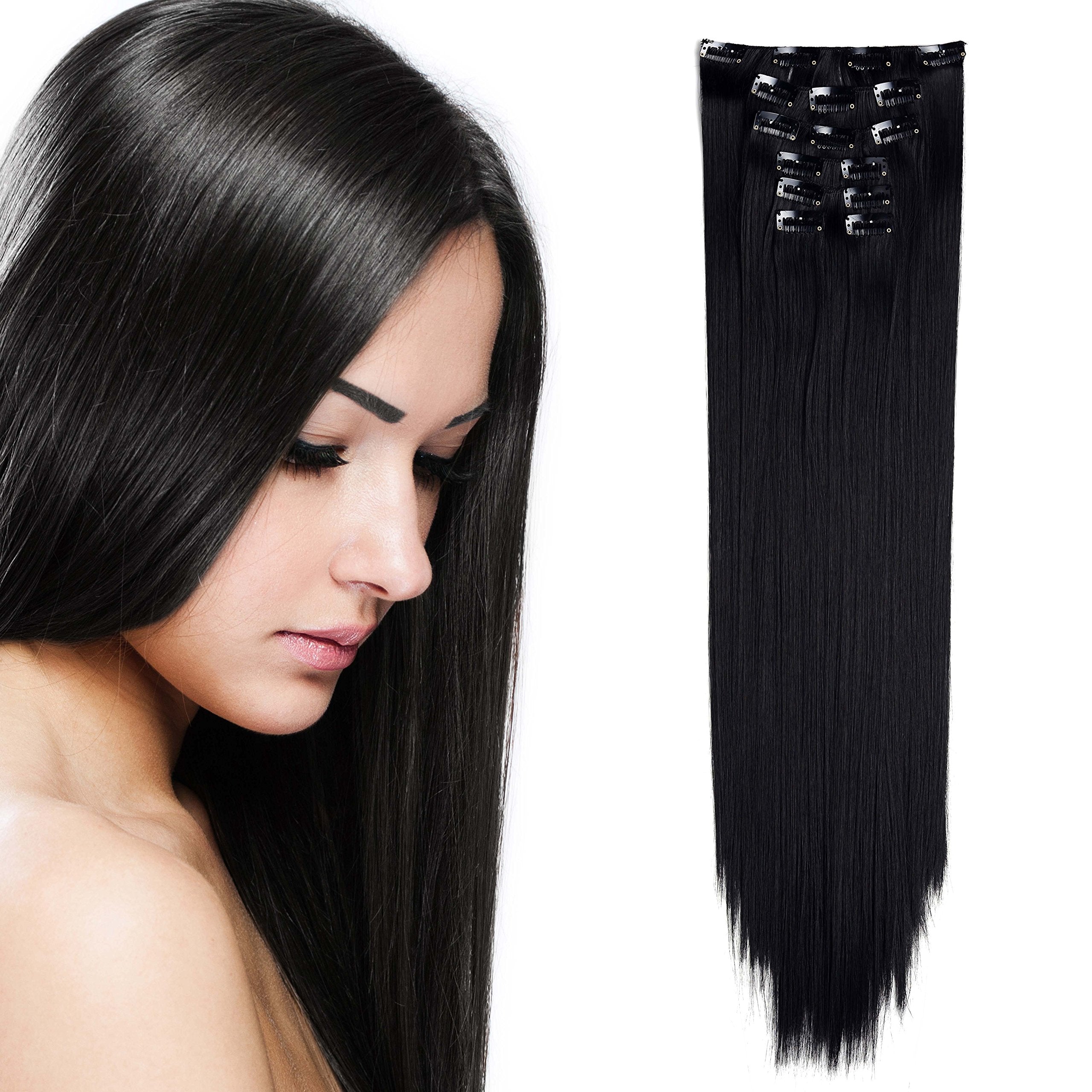Onedor 24 Straight Full Head Clip In Synthetic Hair Extensions 7pcs 140g (1b Off Black)