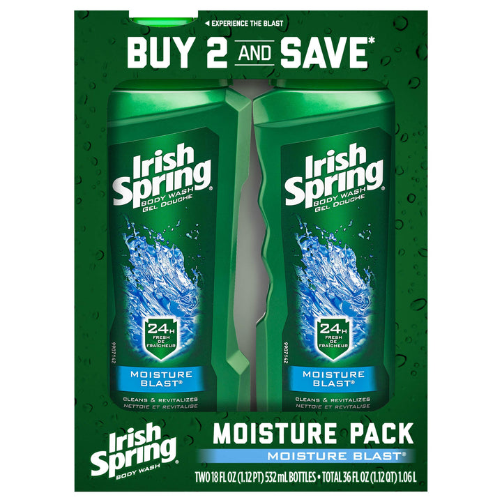 Irish Spring Moisturizing Men's Body Wash Shower Gel, Moisture Blast - 18 Fluid Ounce (2 Pack)