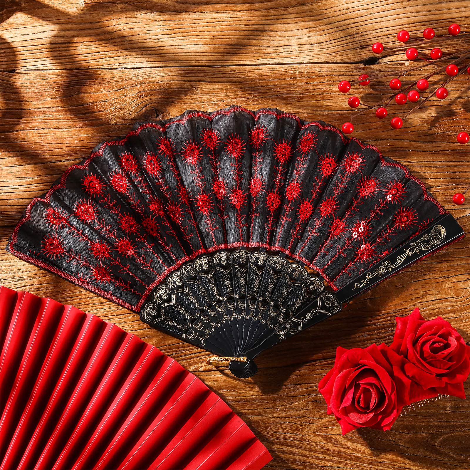 2 Pieces Women Rose Flower Hair Clip and Embroidered Sequins Fabric Handheld Folding Fan Hair Accessories for Flamenco Dancer Costume Accessories Girl Cosplay Party