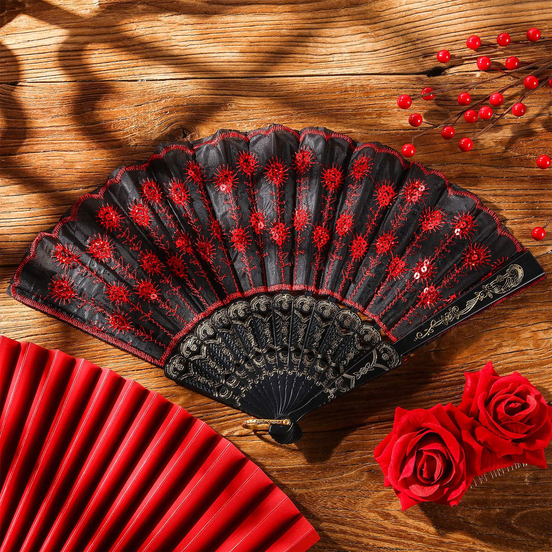2 Pieces Women Rose Flower Hair Clip and Embroidered Sequins Fabric Handheld Folding Fan Hair Accessories for Flamenco Dancer Costume Accessories Girl Cosplay Party
